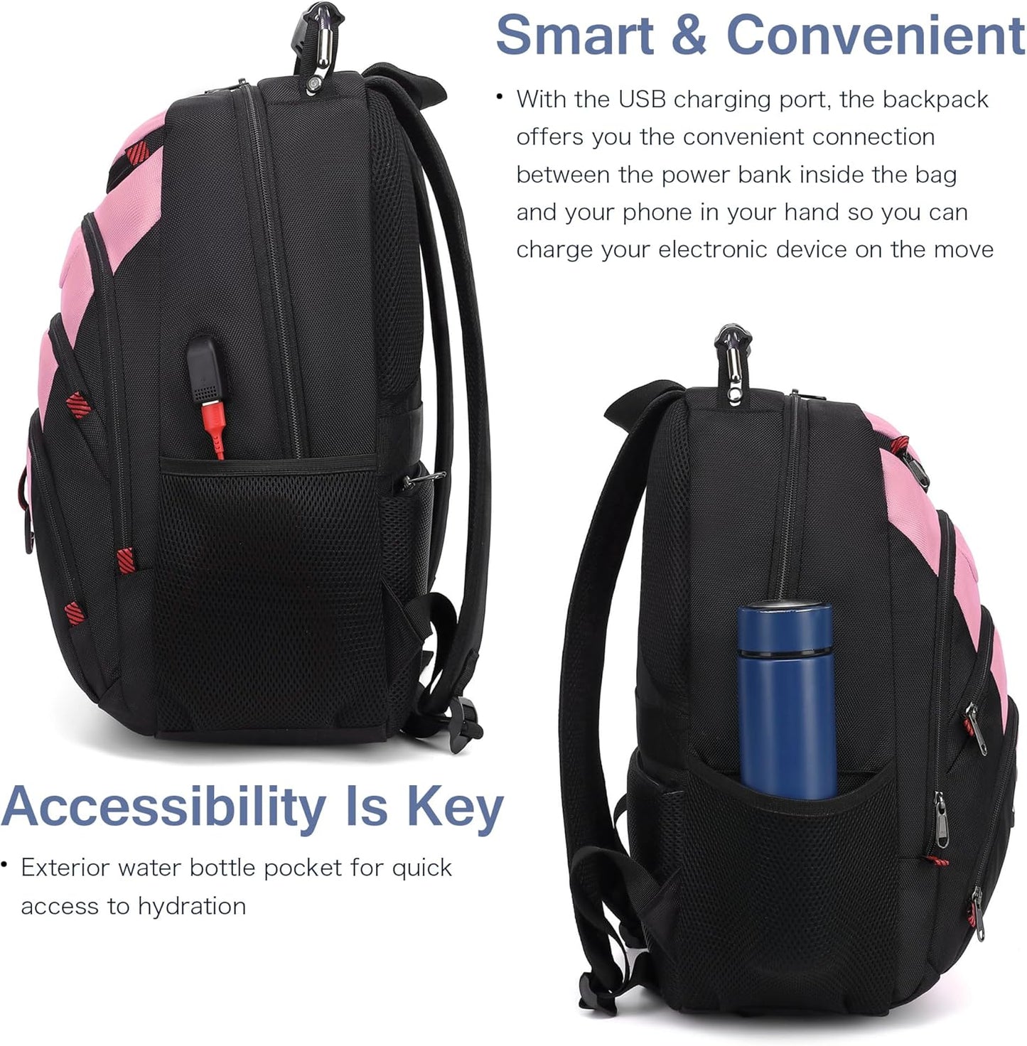 Boavan Laptop Backpack for men, 15.6 inch Laptop Bag with USB Port, Waterproof Travel Work Backpack Purse, Anti-Theft Teacher Nurse Doctor Casual Bookbags Office Business backpack,PinkBlack
