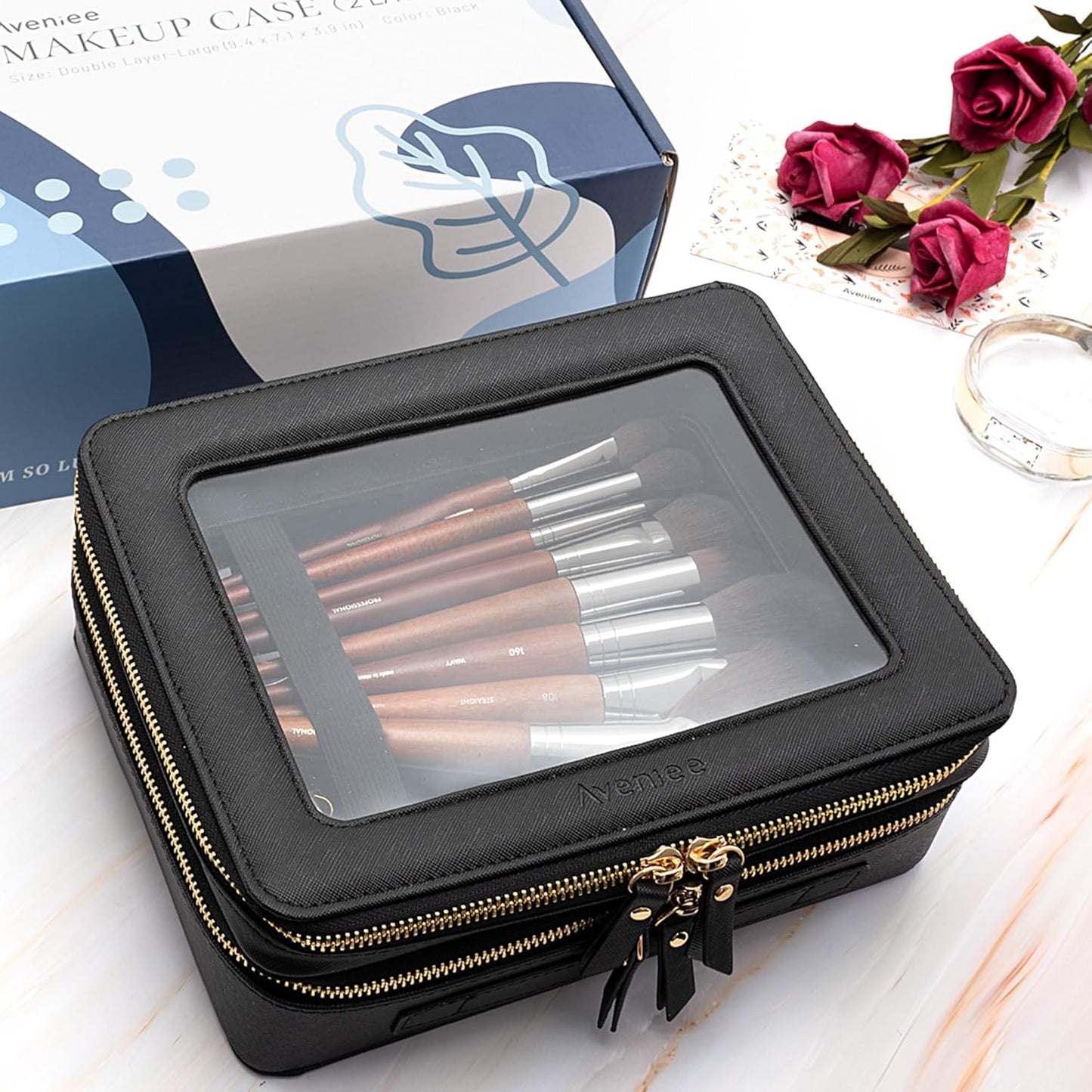 Aveniee Clear Makeup Bags,Double Layer Cosmetic Bags with Separate Brush Compartment,Large Travel