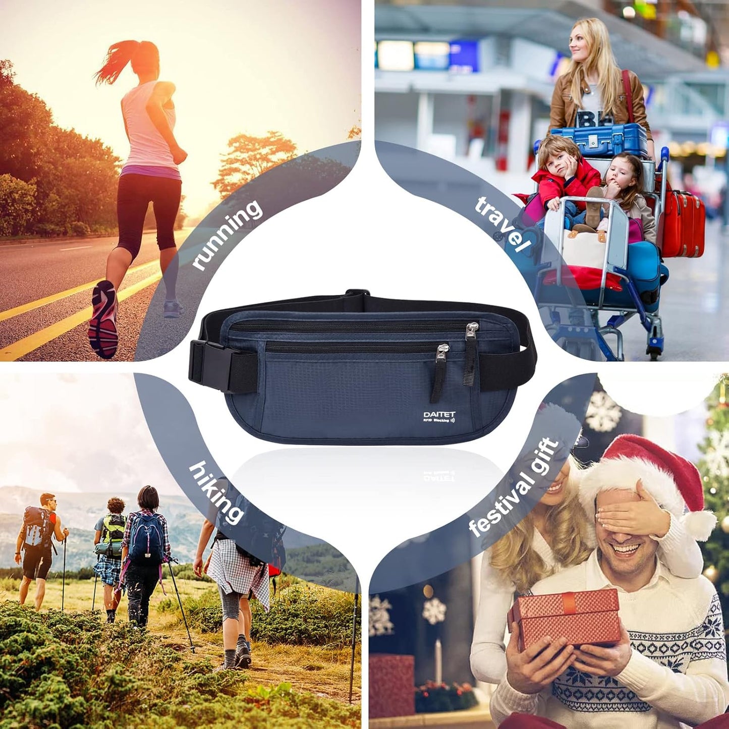 RFID Blocking Money Belt for Men Women, Slim Fanny Pack for Travel,Running,Conceal Waist Wallet for Passport Holder,Phone,Cash(Black Dark Blue)