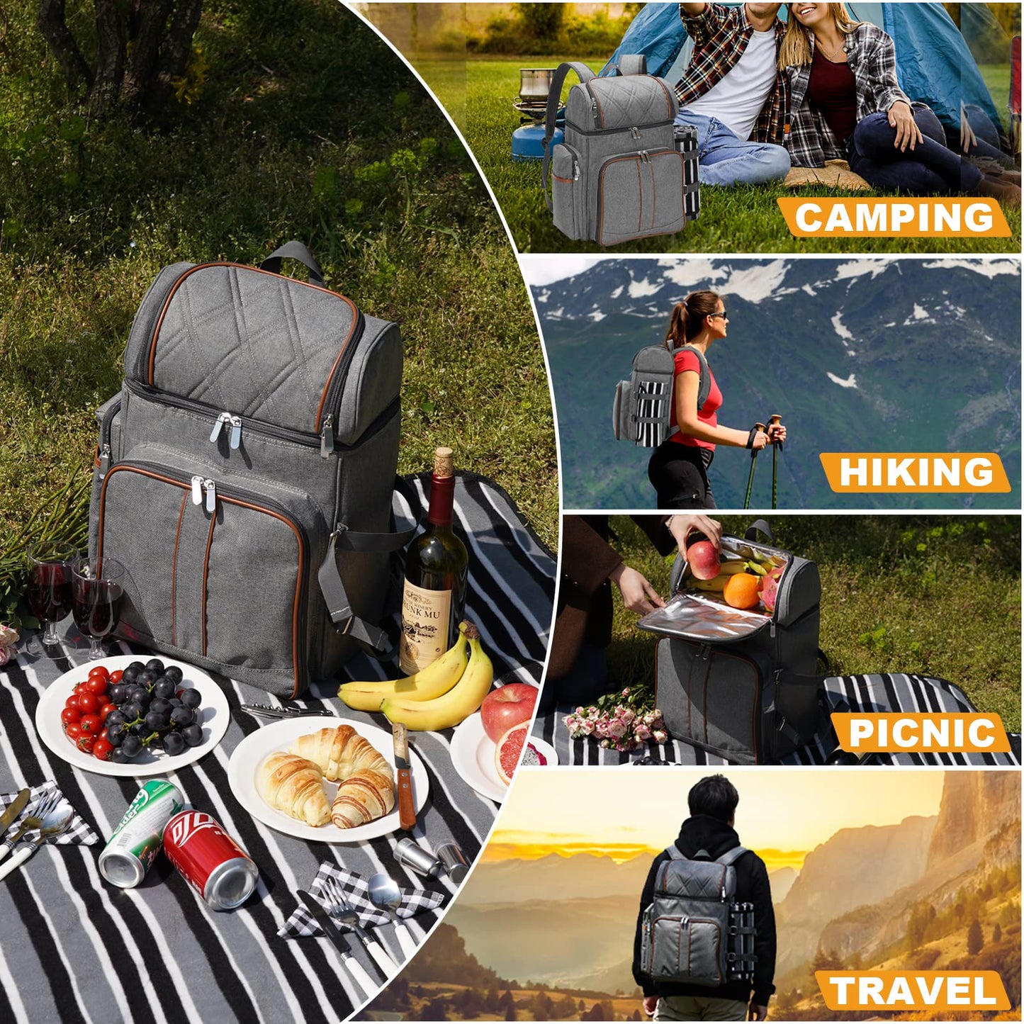 Picnic Backpack for 4, Insulated Cooler Bag with Blanket, Grey