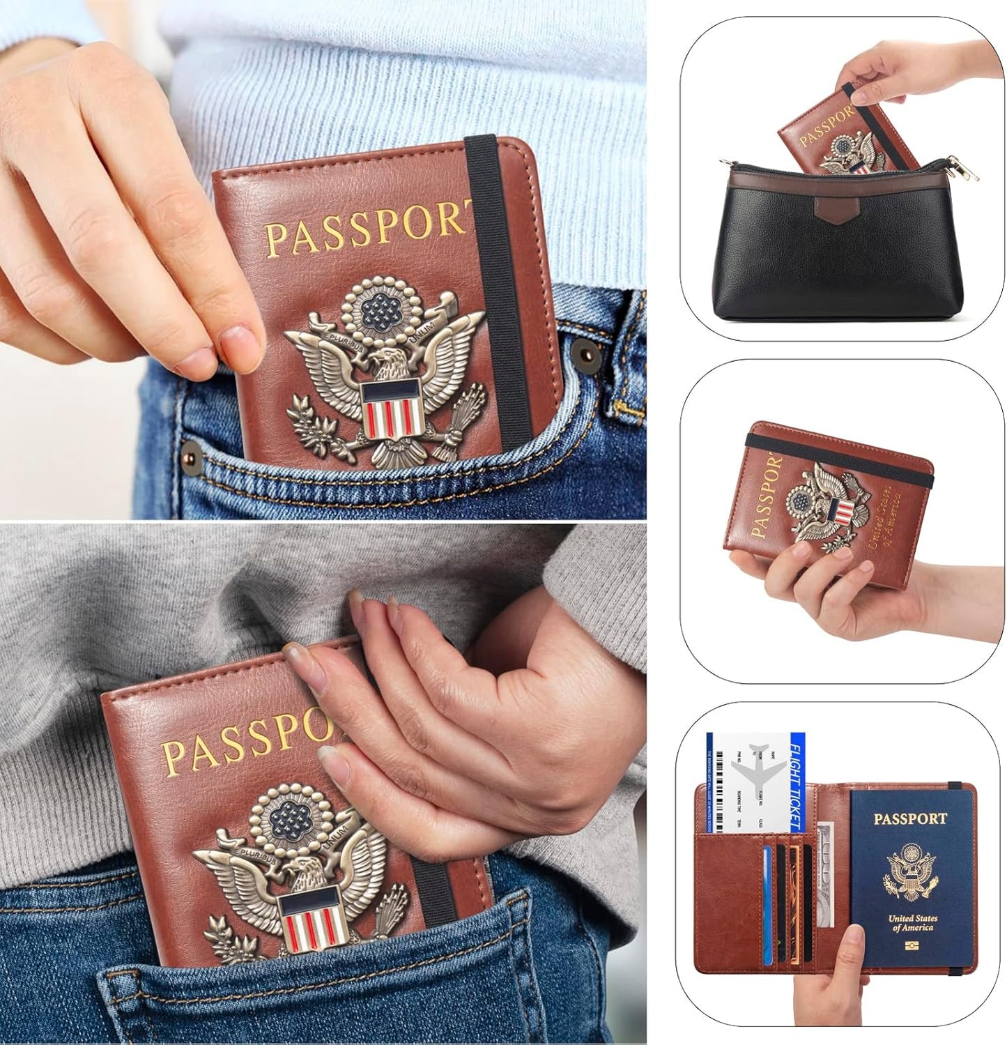 Passport Holder for Travel Men Women, RFID Blocking Passport Cover Leather Passport Wallet With 3D Metal Badge Waterproof Passport Case Travel Wallets Accessories Document Organizer (Brown)