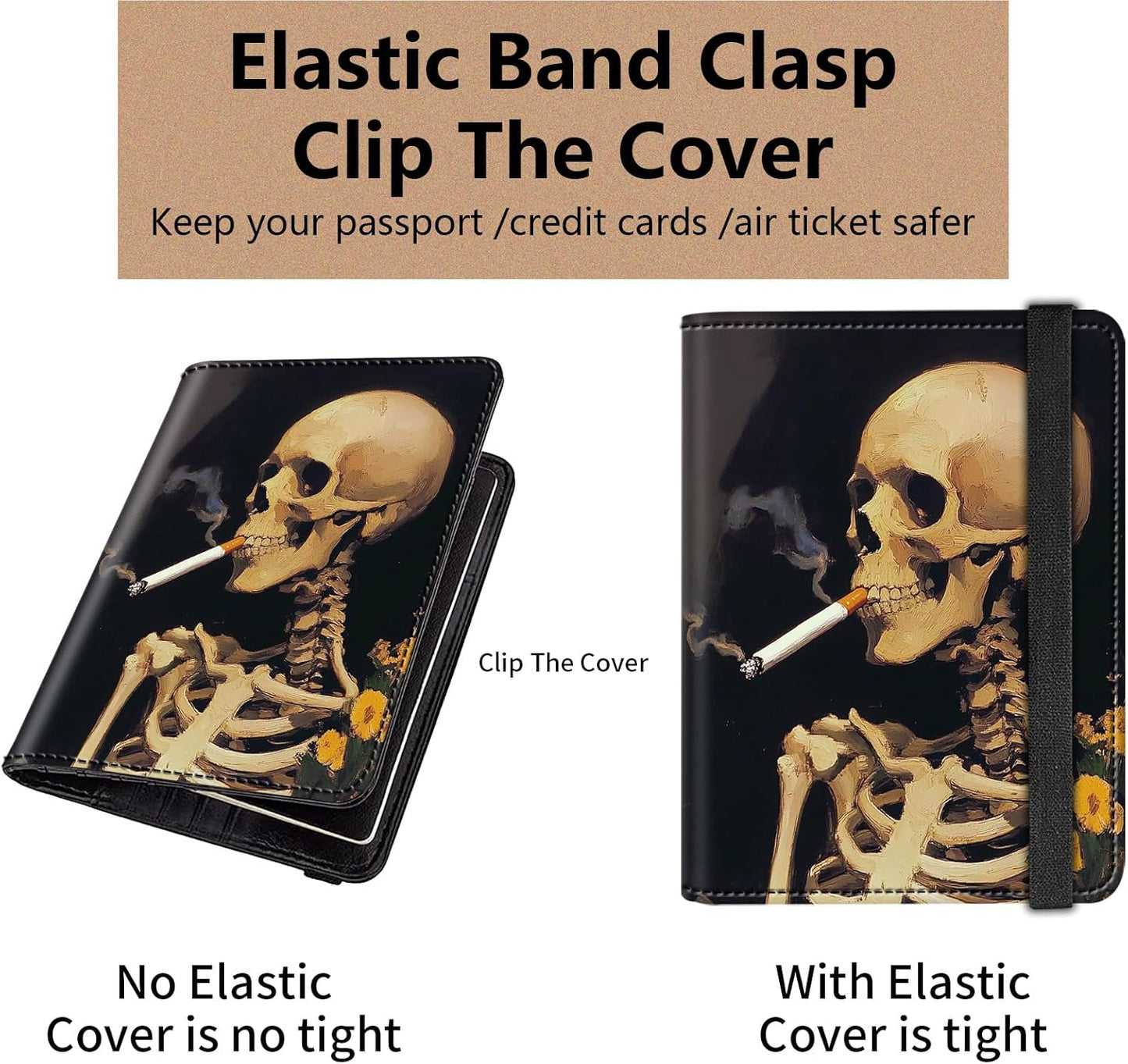 Passport and Vaccine Card Holder Cover Combo,Travel Passport Holder Wallet with RFID Blocking, Leather Vaccine Card Slot Passport Cover Case for Women & Men,A Smoking Skeleton