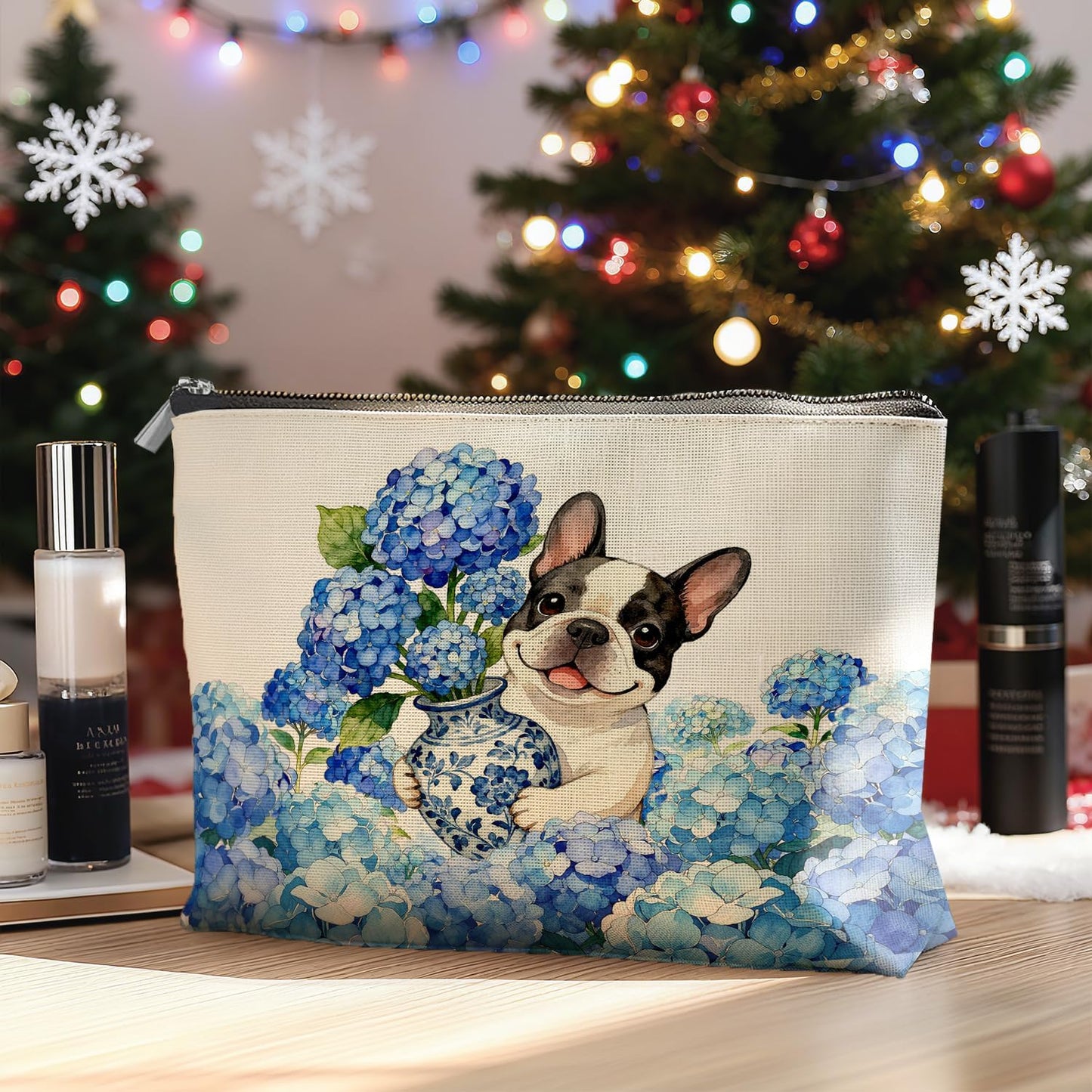 Chinoiserie Hydrangea French Bulldog Makeup Bag Gifts for Women, French Bulldog Lover Gifts Cosmetic Bag, Grandmillennial Floral Frenchie Dog Zipper Makeup Pouch Travel Toiletry Bag