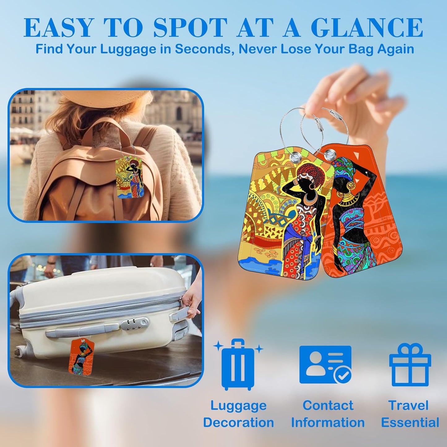 2 Pcs Luggage Tags for Suitcases, Beautiful African Woman Leather Bag Tags for Luggage Privacy Cover Name ID Label with Stainless Steel Loop Cruise Airport Travel Essentials