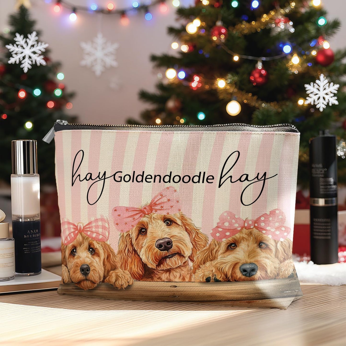 Coquette Goldendoodle Makeup Bag Gifts for Women, Preppy Pink Bow Goldendoodle Cosmetic Bag, Girly Golden Doodle Dog Striped Zipper Makeup Pouch Travel Toiletry Bag