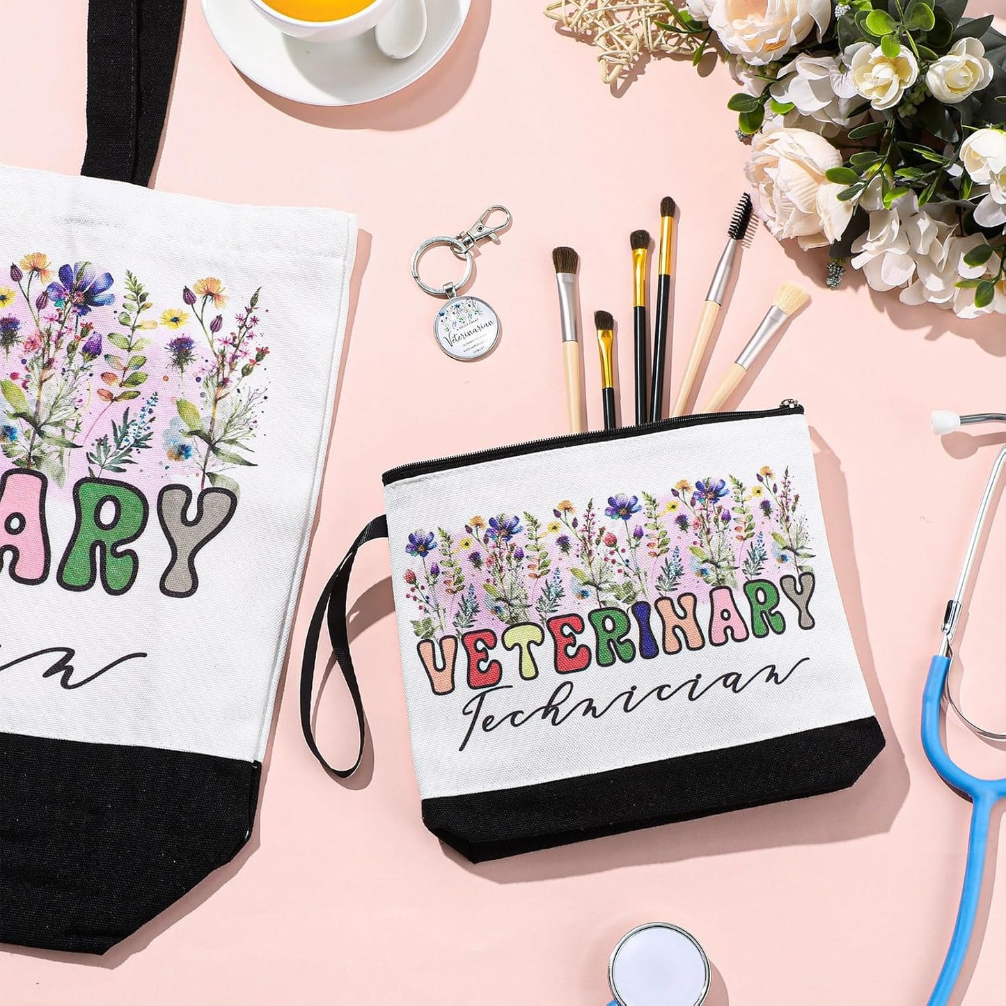 Kacctyen 3 Pcs Veterinary Appreciation Gifts Veterinarian Tote Bag Makeup Cosmetic Bag Vet Thank You Keychains for Female Women Assistant Student Women Birthday Christmas