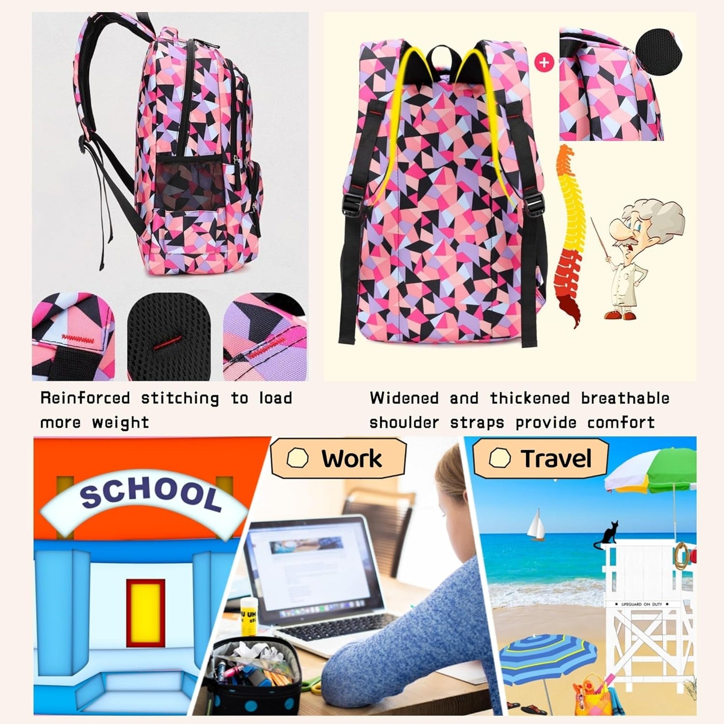 Bansusu 3Pcs Purple-a-3pcs Geometric Print Backpack and Lunch-Bag Set for Girls School Elementary Bookbags, 12.205.9016.53inch, 19 Liters