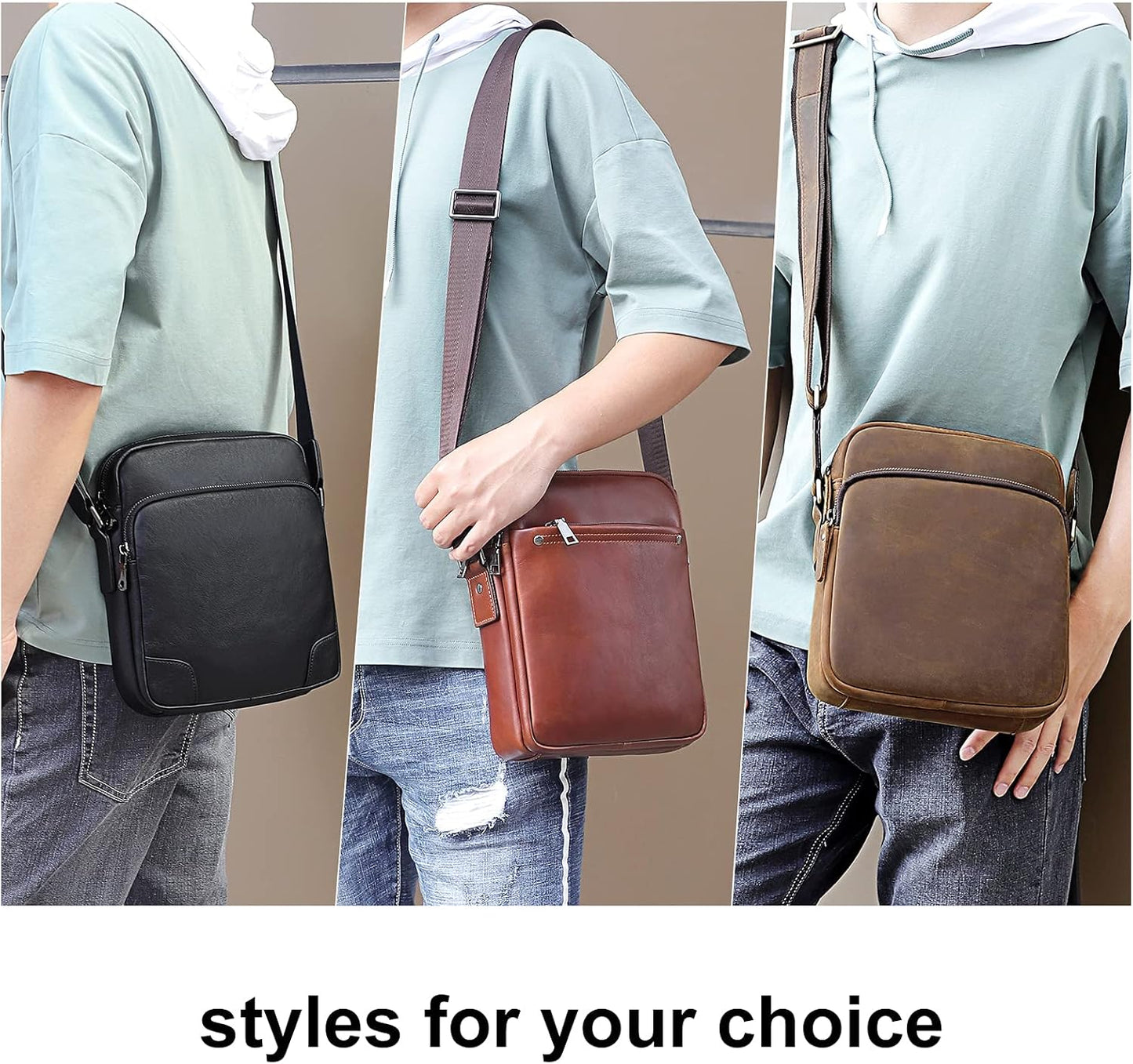 Augus Leather Messenger Crossbody Shoulder Bag for Men Work Business Casual Adjustable straps With YKK Metal Zipper
