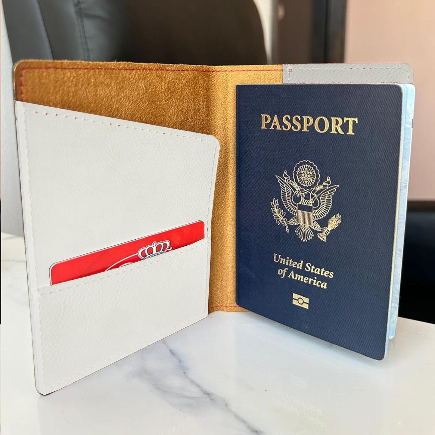 LaserGram Faux Leather Passport Holder, Aztec Calendar, Personalized Engraving Included (White)