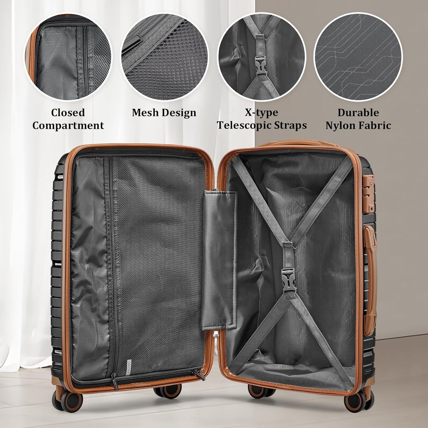 Joyway Luggage Sets 2 Piece PP Hardshell Carry on Suitcase and Checked Luggage, Travel Lightweight Suitcase Set with Double Spinner Wheels and TSA Lock (Black Brown, 20+28 inch)