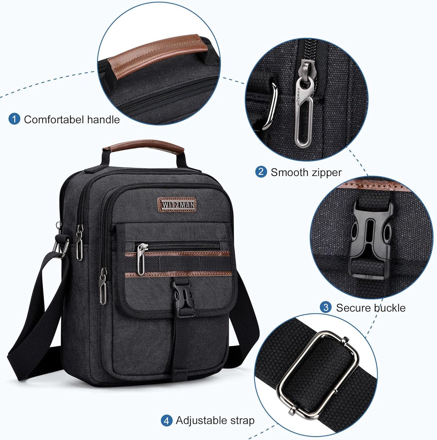 WITZMAN Crossbody Bag for Men Canvas Messenger Bags Vintage Man Purse Small Casual Shoulder Bag for Work Traveling