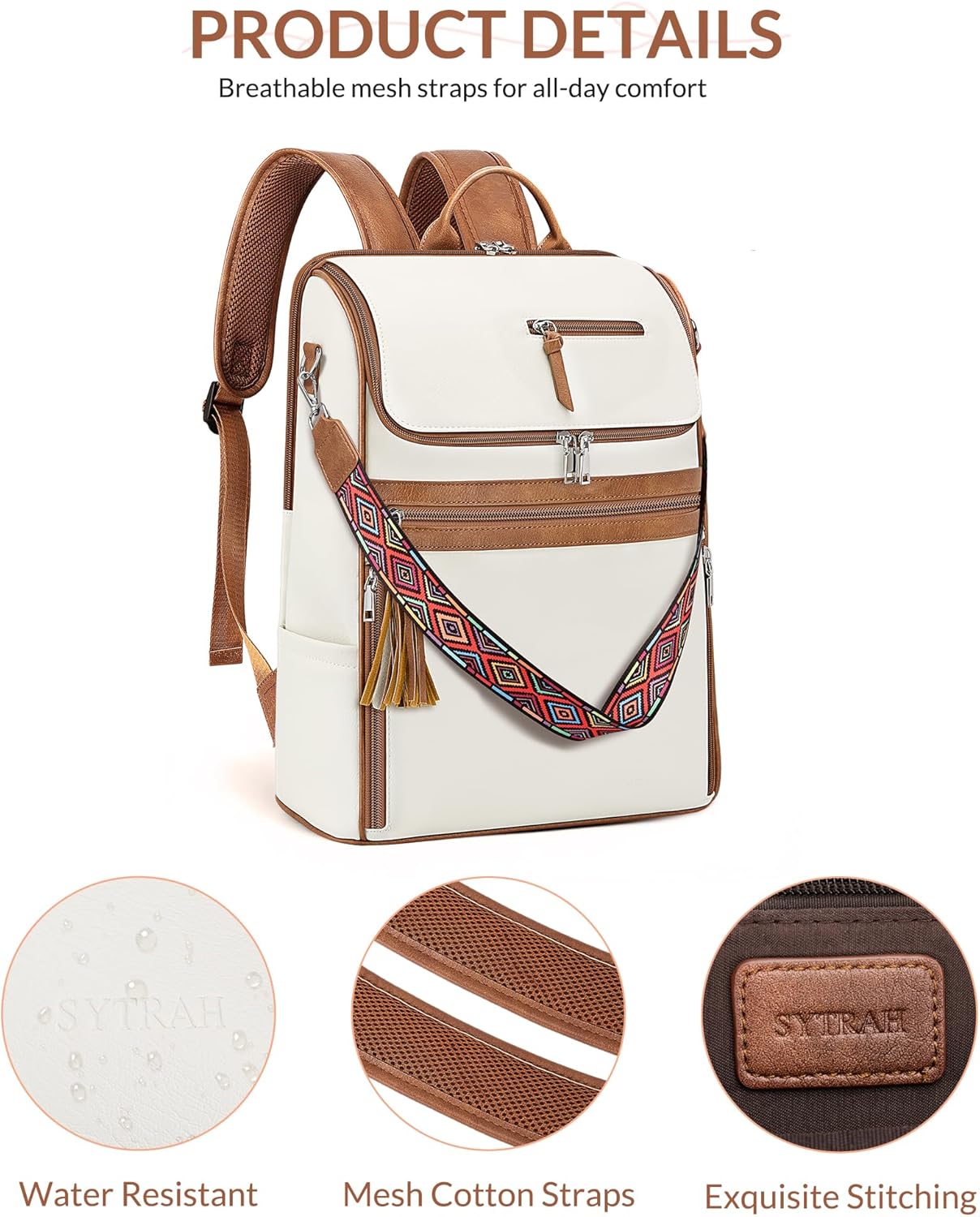 Leather Laptop Backpack for Women Designer Laptop Bag, 16.5 inch Travel Computer Backpacks Purse with Tassel for Work Business with Satchel Purse Beige Brown