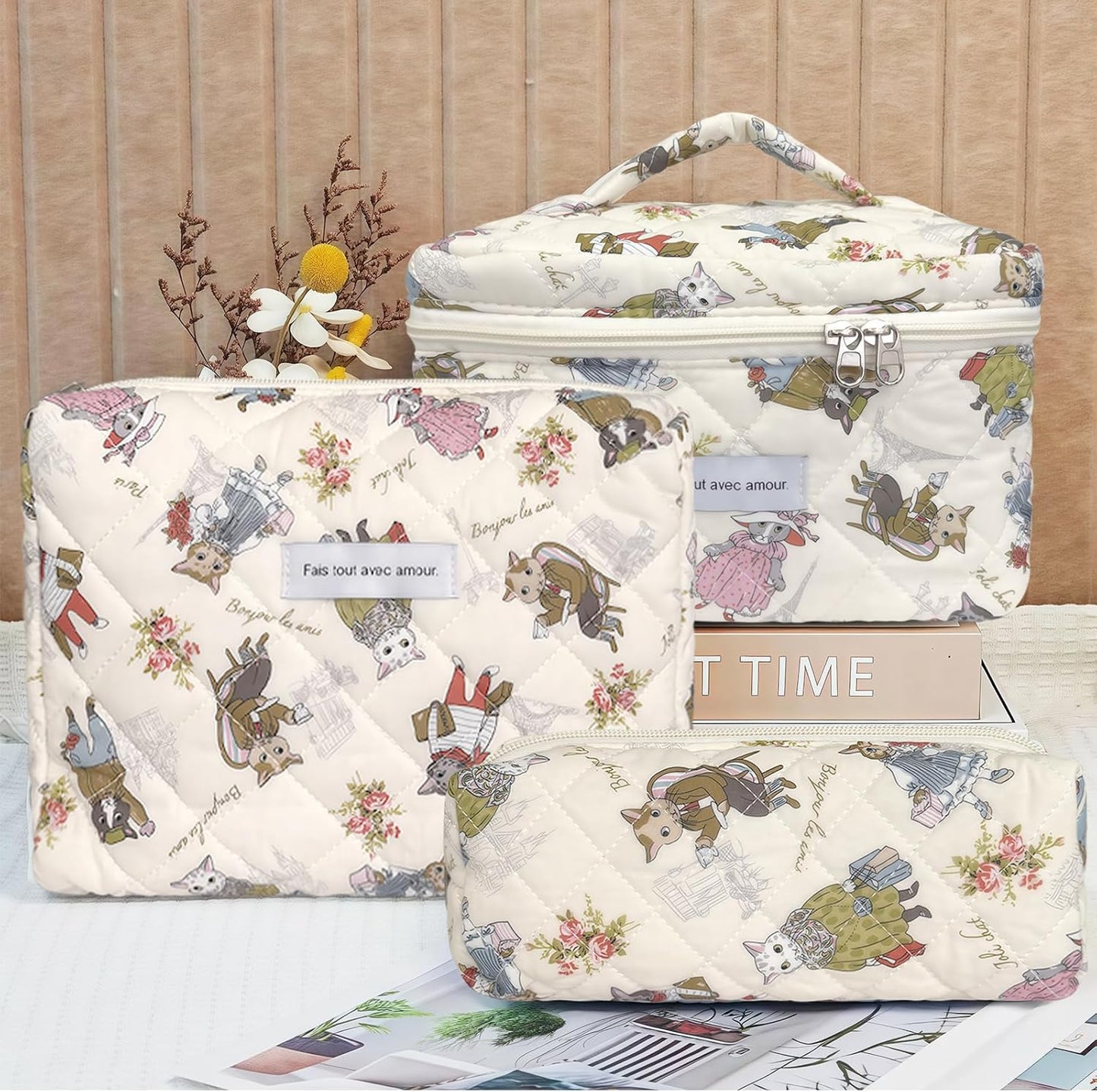 Quilted Makeup Bag, Large Capacity Travel Cosmetic Bag for Women and Girls, Aesthetic Storage for Daily and Travel Use (3pcs-catanimalprint, Pink Bow)