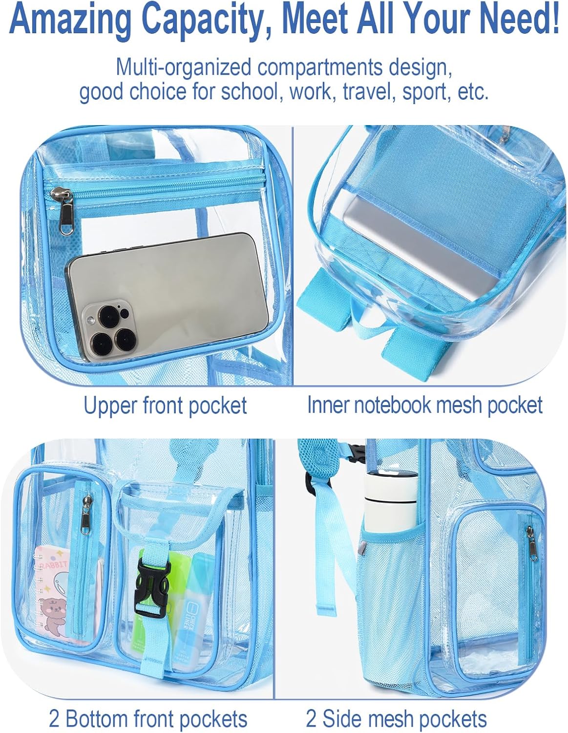 Heavy Duty Clear Backpack For School, 17 Inch Clear Bookbag For Kids Boys Girls Women Men, Large See Through Backpack With An Extra Pouch Accessories, Multi-Pockets Tranparent Bag, Light Blue