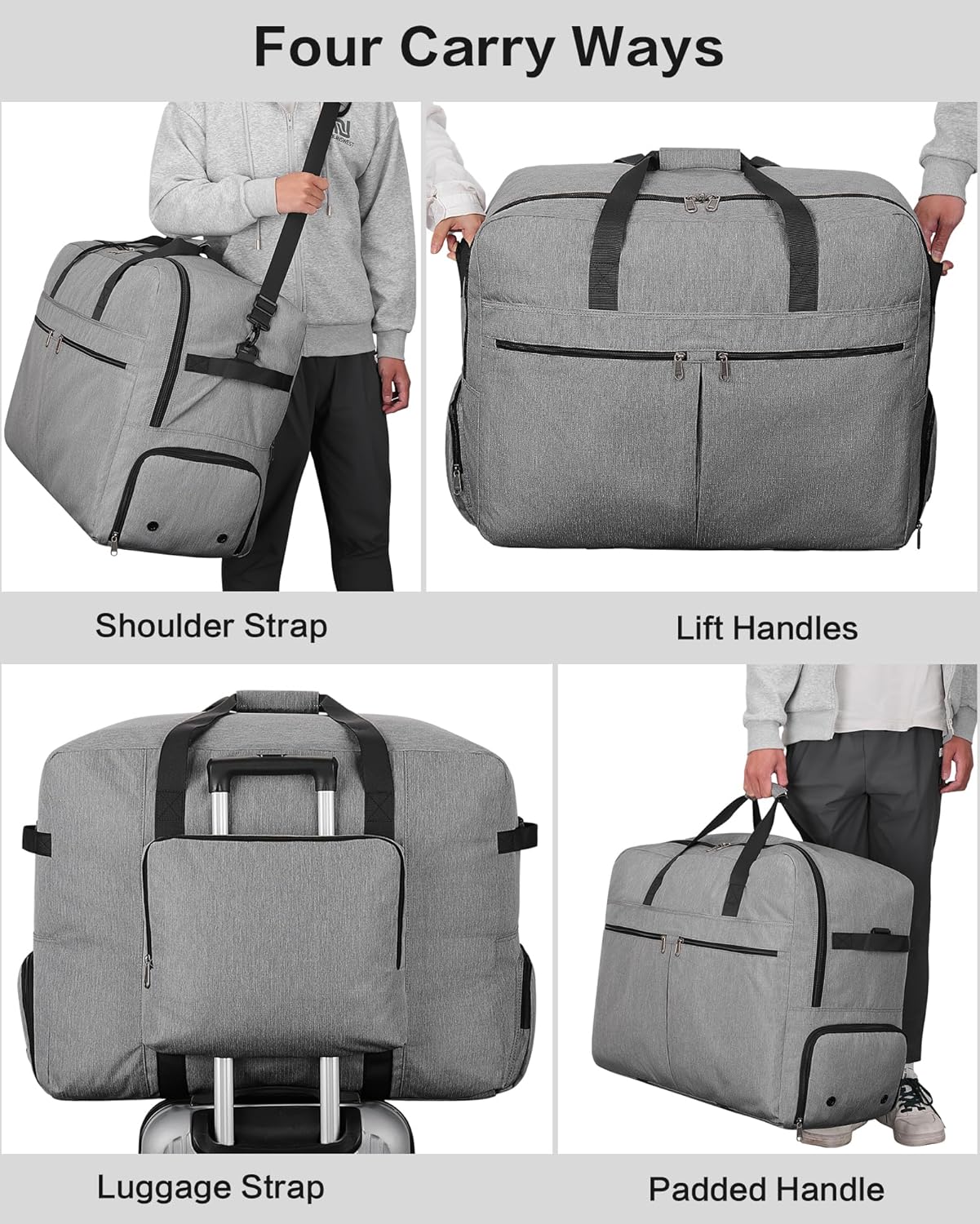 80L Foldable Large Travel Duffle Bag for Men and Women, Packable Duffel Bags with Shoe Compartment, Water Repellent & Tear Resistant (Gray)