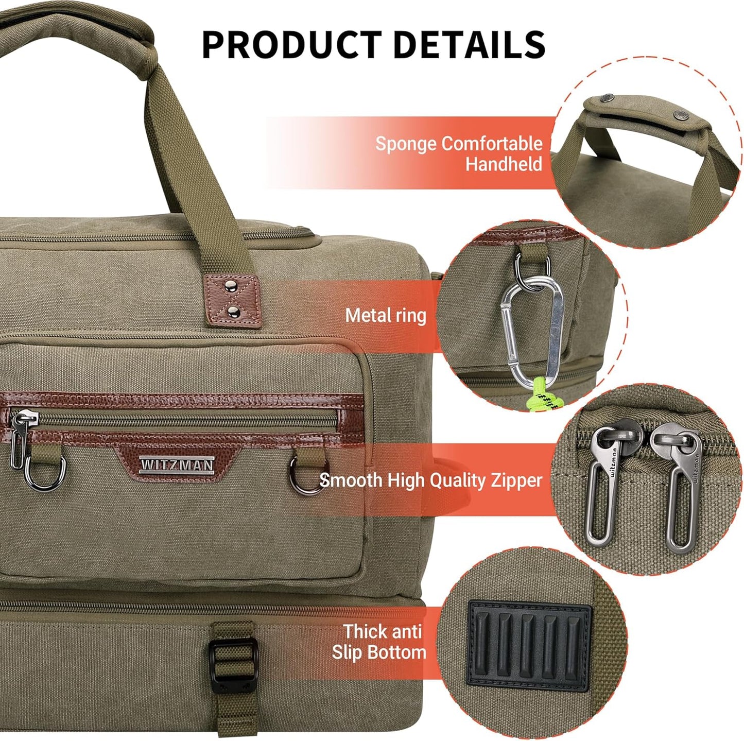 WITZMAN Canvas Weekender Bag Mens Overnight Bag for Traveling Carry on Duffle Bags with Shoes Compartment(A8010 Army Green)