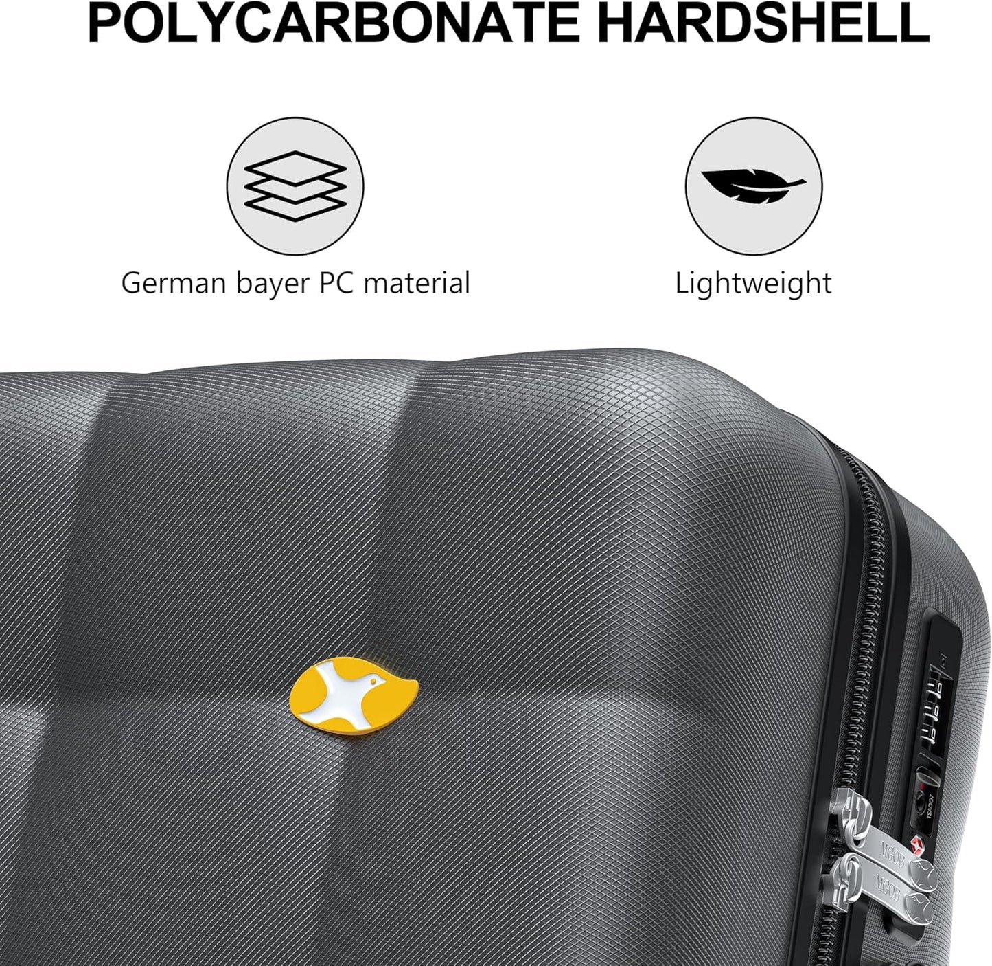 MGB Hard Shell Carry on Luggage Airline Approved, 100% PC Carry-on Suitcases with Spinner Wheels, Lightweight Hardside Travel Bag with TSA Lock, 20 Inch, Charcoal Grey