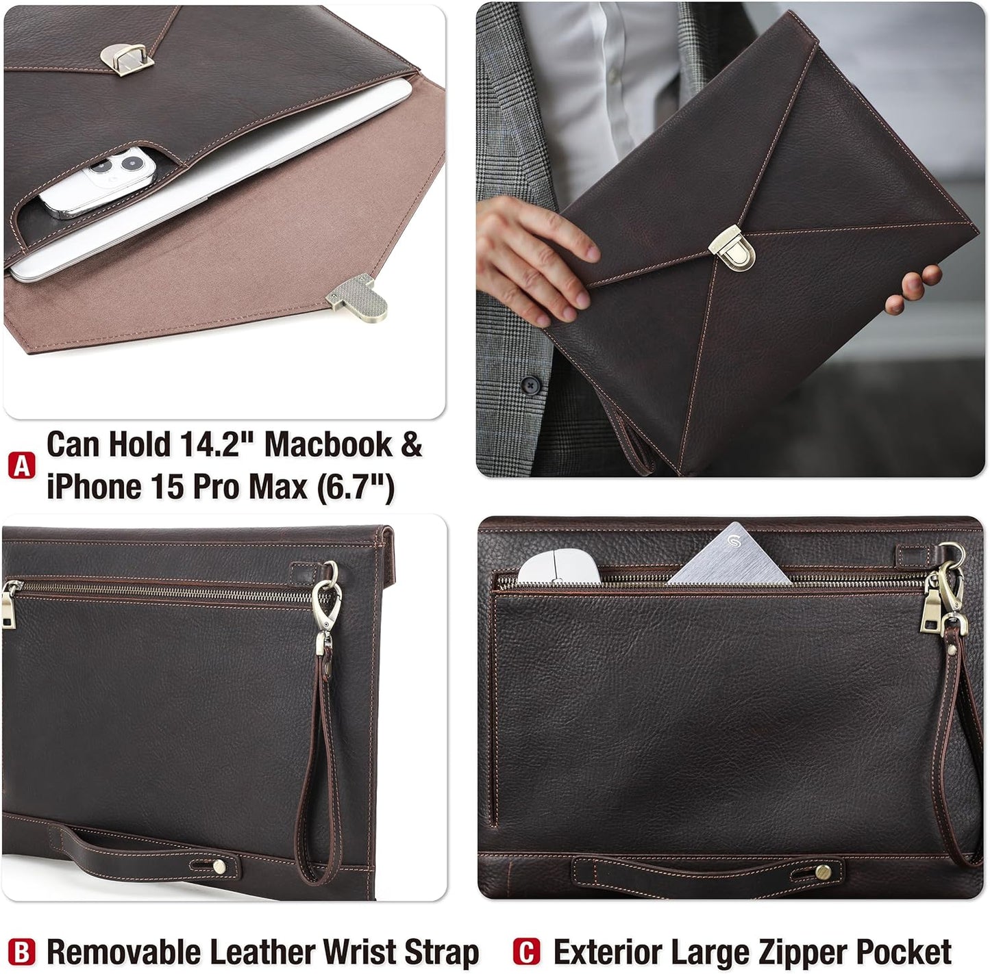 Top Grain Leather 14.2" Slim Laptop Bag Case, Envelope Style, Removable Wristlet & 3 Pockets, Fits MacBook Pro 14 Inch 2021 2022 M1 Pro/M1 Max A2442 & Other Laptop, Black Coffee 14.2 Inch