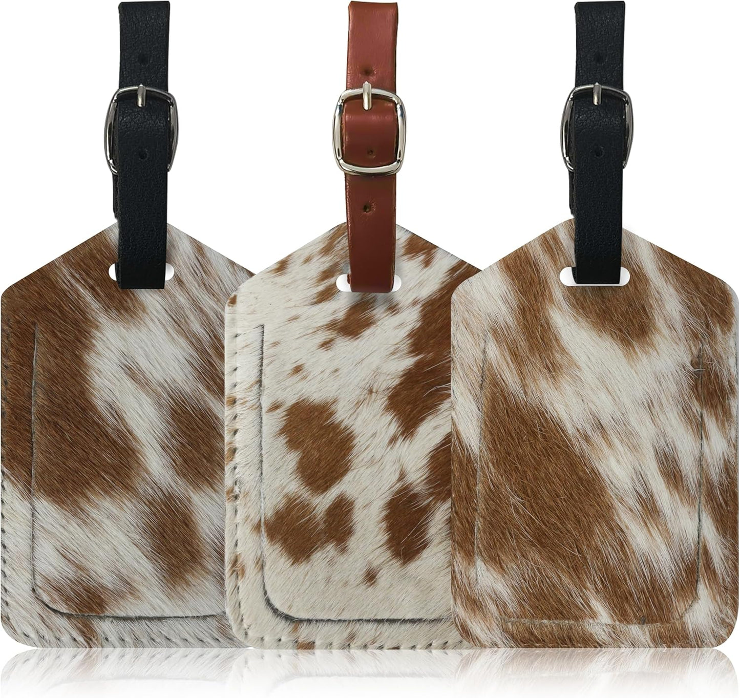 Mulch Leather Genuine Cow Leather Luggage Tag (Pack of 3) for Baggage ID Tags Travel Bag Tags for Suitcases Privacy Cover ID Label (Hair ON)