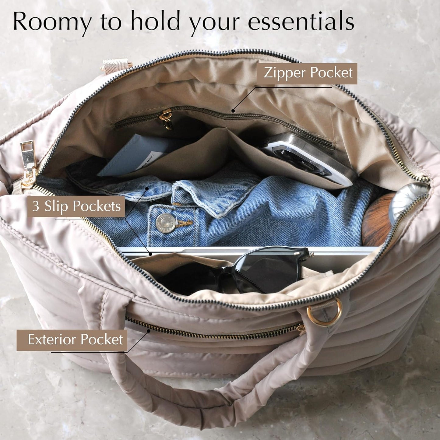 HOXIS Puffer Tote for Women Quilted Shoulder Handbag Lightweight Weekender Bag Purse for Work Travel Gym Shop