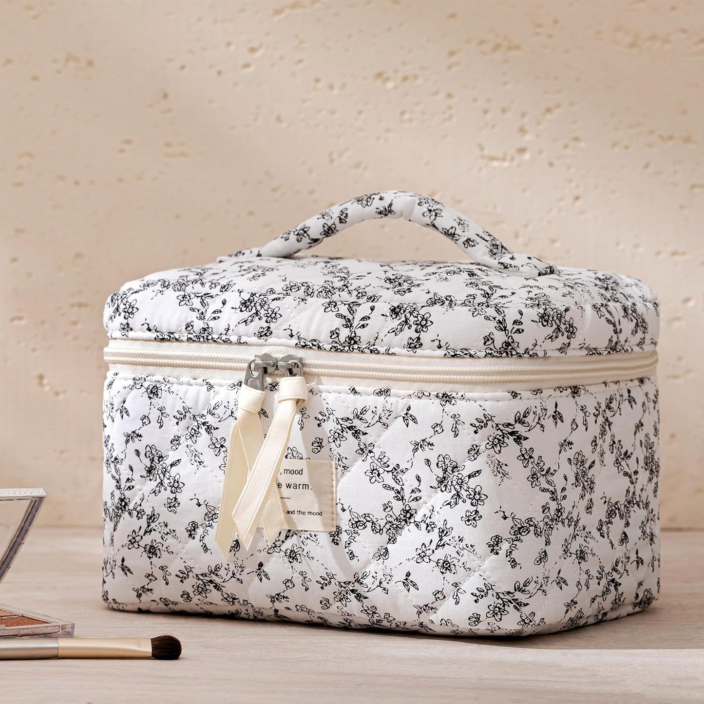 HBselect Quilted Makeup Bag, 3PCS Cotton Large Travel Makeup Bag, Cute Floral Coquette Make up Bag Cosmetic Bag Toiletry Bag for Women Girls