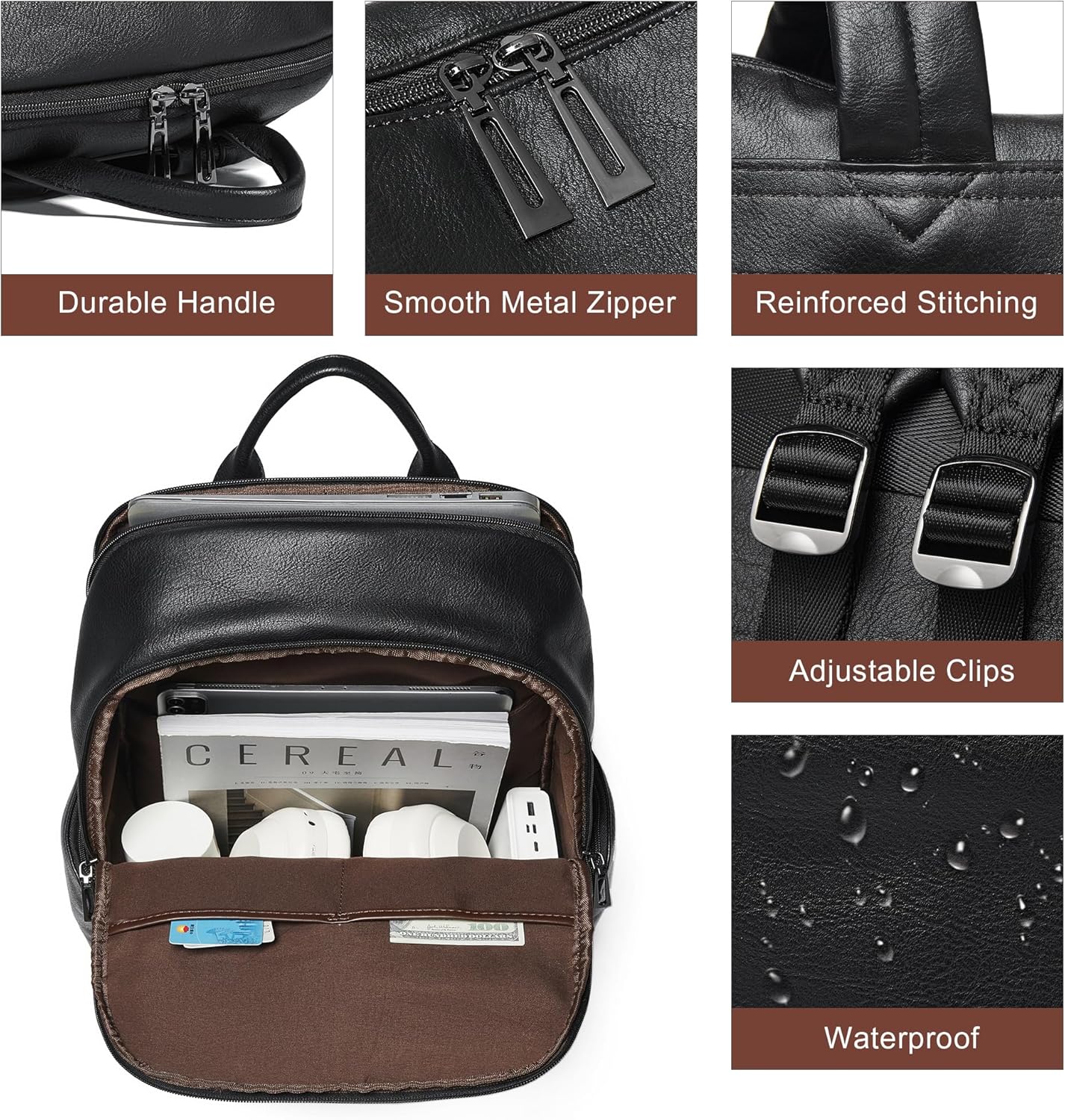 Computer Backpack for Women Soft Leather Back pack with 15.6 inch Laptop Compartment, Fashion Ladies Travel Backpack, Black