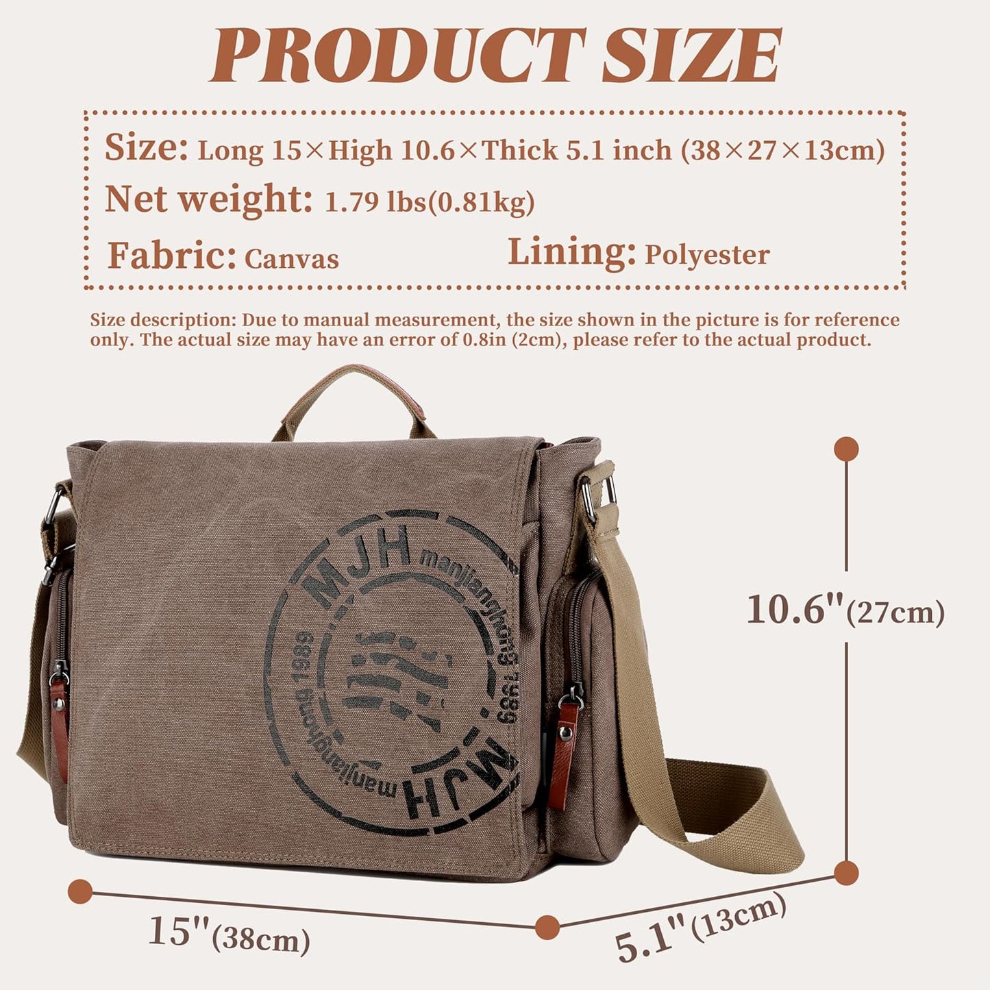 FSD.WG Satchel Messenger Bag for Men Canvas,Travel Shoulder bag 13.5" Laptop Bags