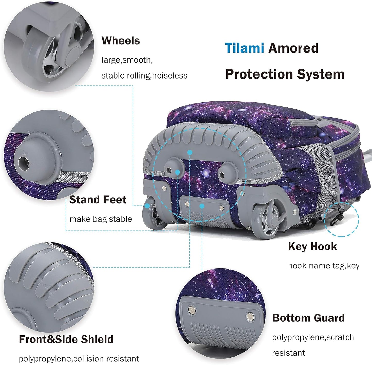 Tilami Rolling Backpack 19 inch Wheeled LAPTOP Boys Girls Travel School Student Trip, Universe Star