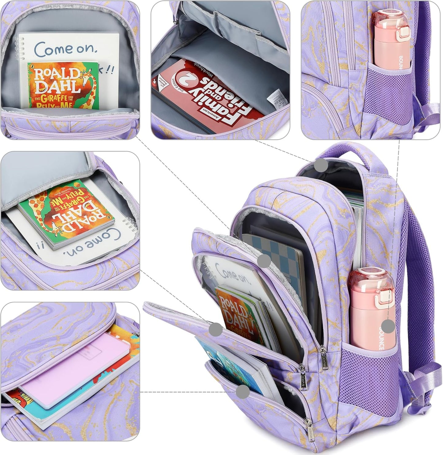 abshoo Marble Lightweight Kids Backpack For School Girls Elementary Kindergarten Bookbag School Bags (Marble Purple)