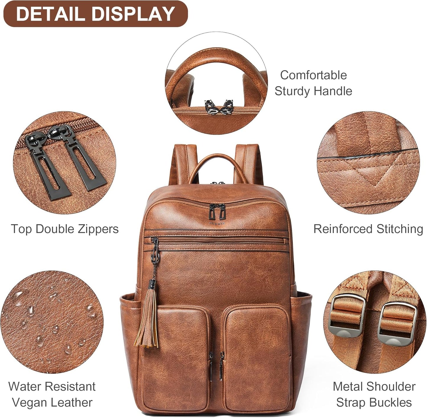 Shrrie Laptop Backpack for Women 16 Inch,Vegan Leather Travel Backpack Purse Work Business Computer Backpacks Teacher Nurse College Laptop Bookbag Casual Daypack,Two-toned Brown