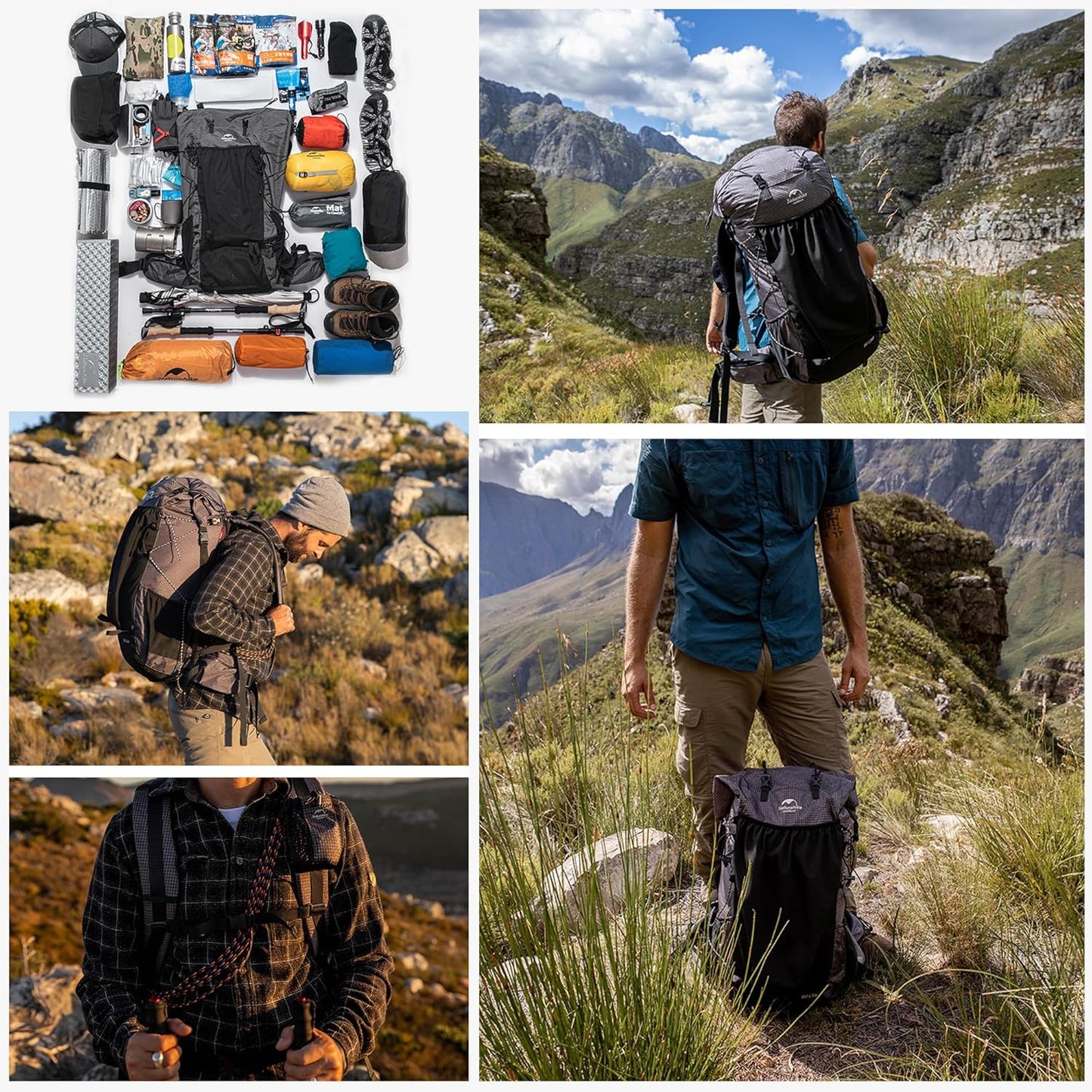 Naturehike Rock-40L/60L+5L Internal Frame Hiking backpacking backpack, Camping Waterproof Bag, Ultralight Outdoor Daypack with Rain Cover for Hiking, Backpacking,Camping Survival(60+5L)