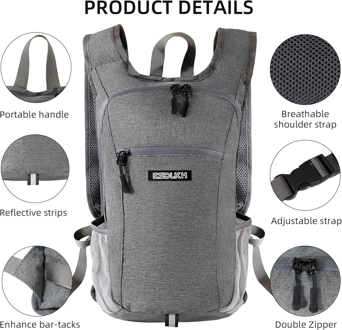 Small Hiking Backpack with Detachable Front Phone Holder, Foldable Packable Back pack with Chest and Waist Strap, Lightweight Daypack for Women Men (Gray, 15L)
