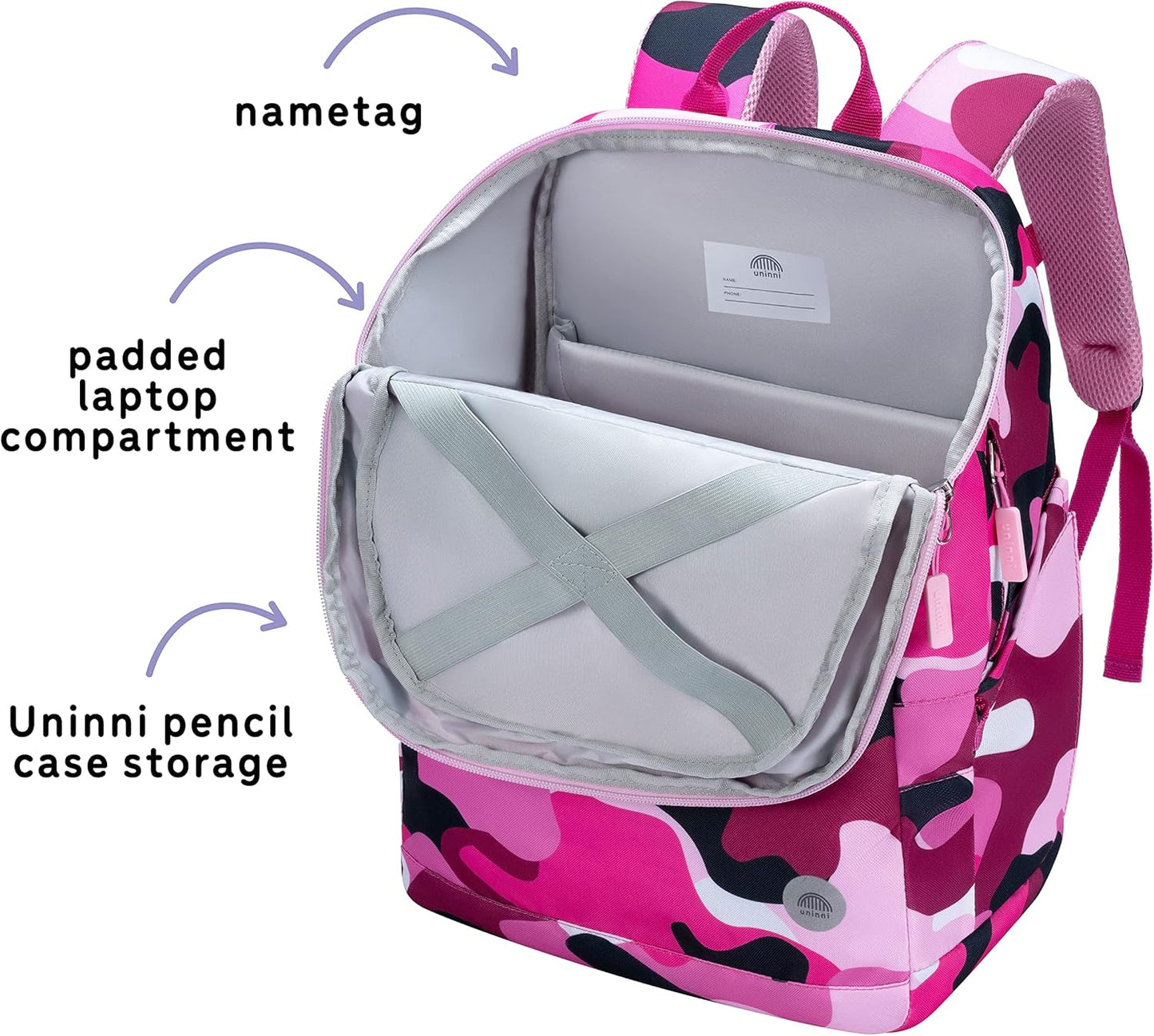 uninni 16" Kid's Backpack for Girls and Boys Age 6+ with Padded, and Adjustable Shoulder Straps. Fits for Height 3'9" Above Kids (Camouflage Fuchsia/Pink)