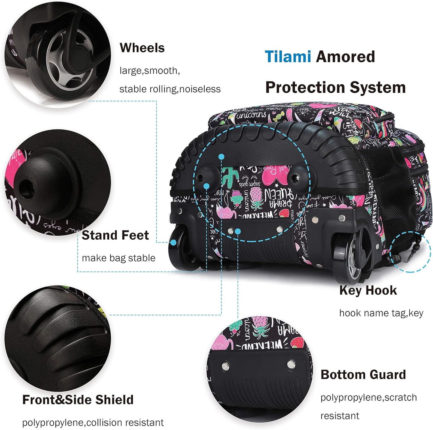 Tilami Rolling Backpack 18 inch Wheeled Backpack School College Student Travel Trip Boys and Girls
