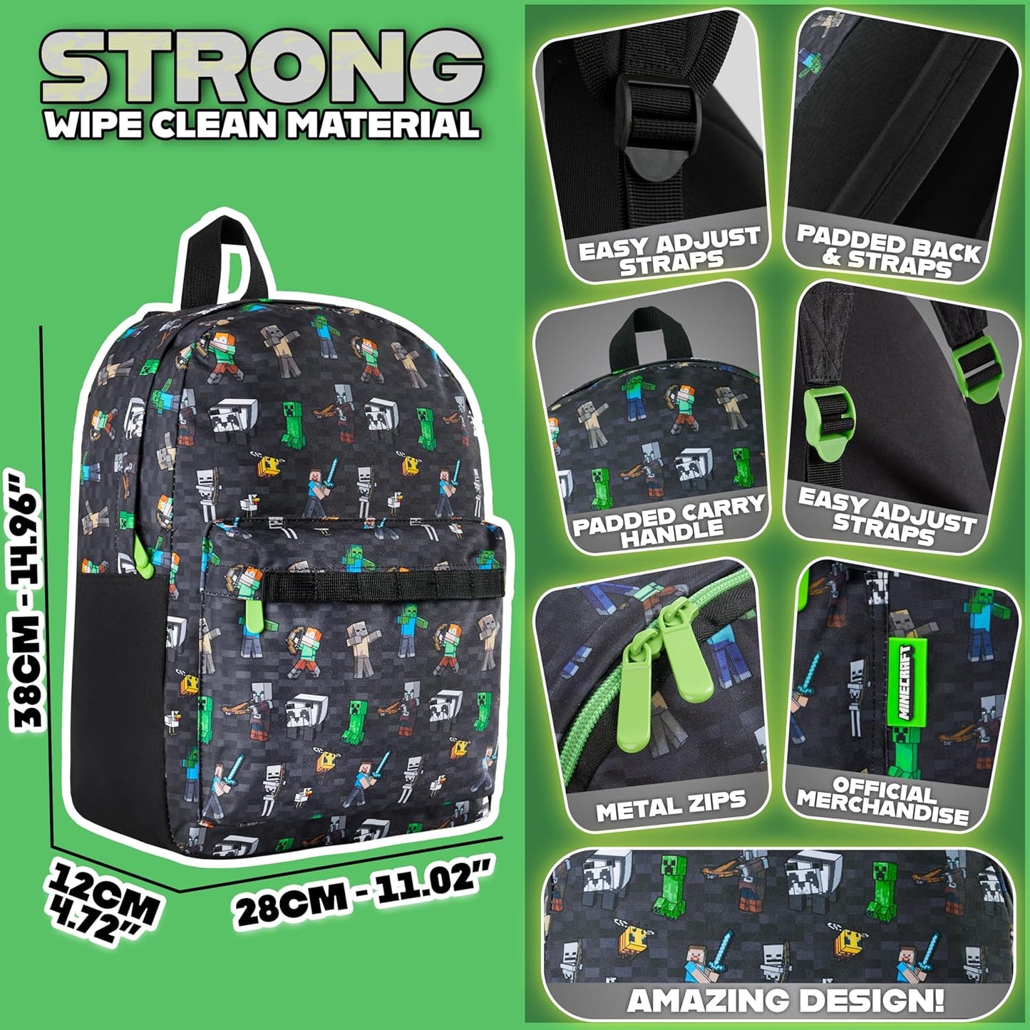 Minecraft Backpack for Boys Kids Teens Adjustable Straps Front Pocket Daypack Backpacks for Sports Gym School Gamer Gifts (Black Aop)