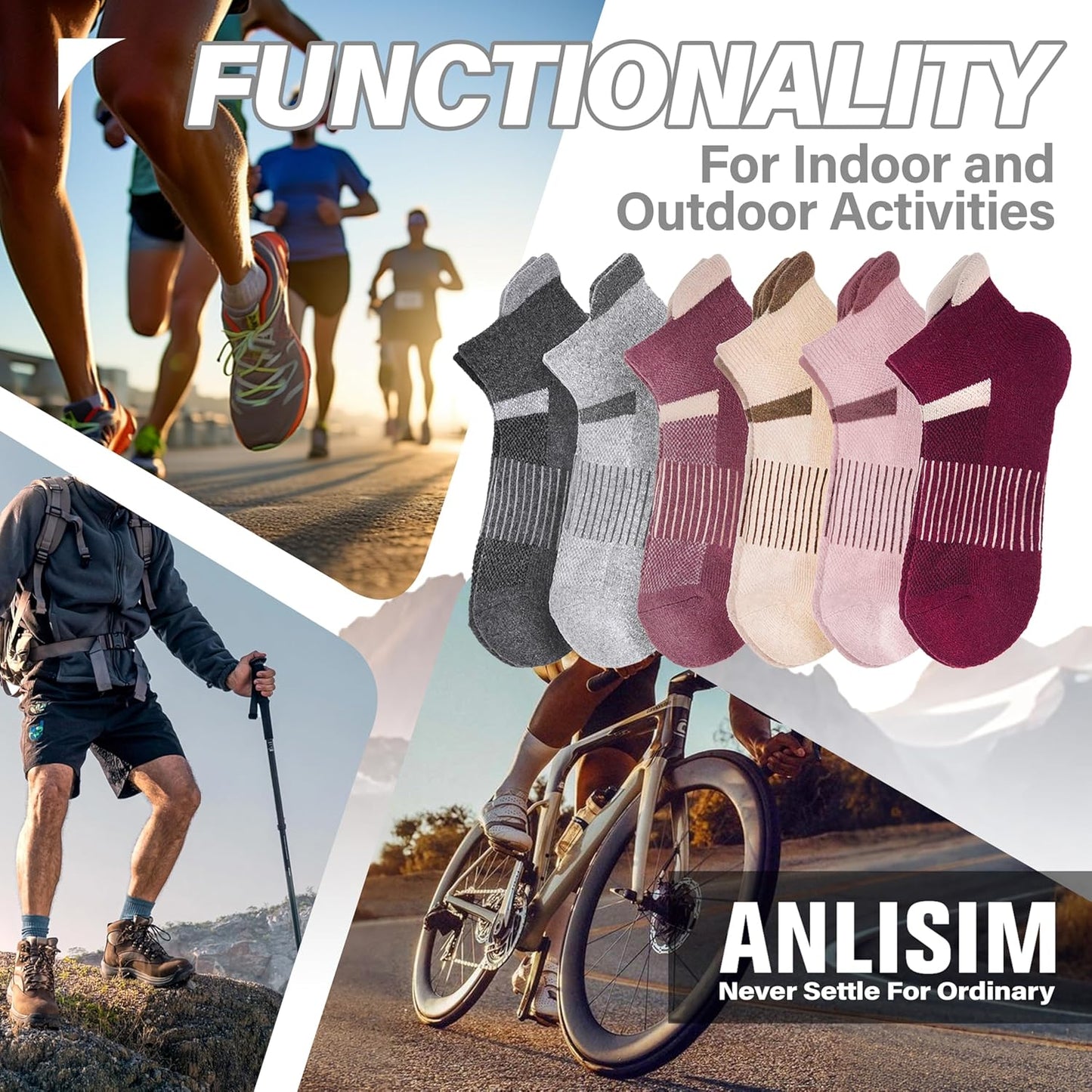 6 Pairs Merino Wool Ankle Running Hiking Socks Compression Support Breathable Thick Cushion No Show