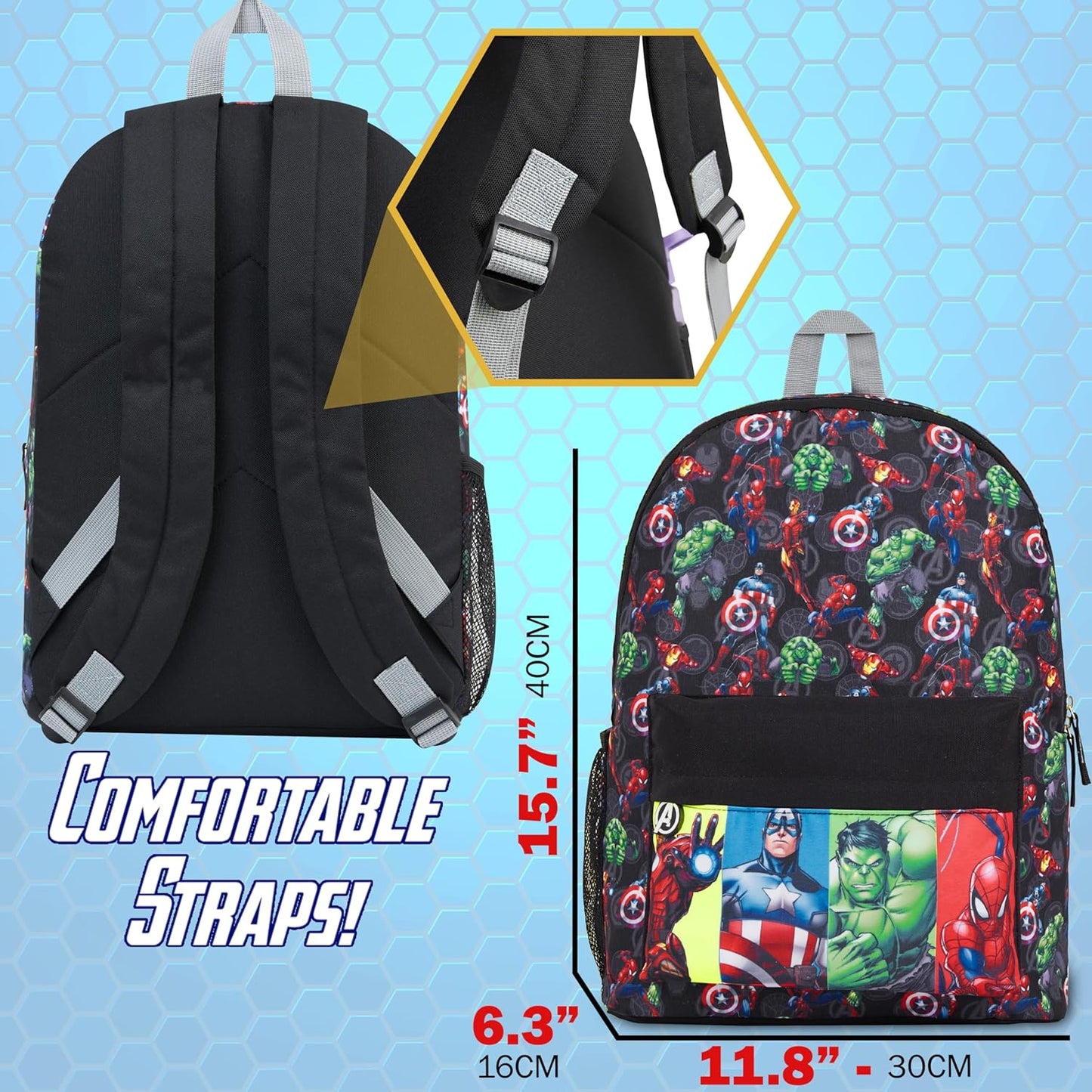 Marvel Avengers Backpack for Kids Teens Bookbag with Double Straps Daypack Backpacks for School Travel Sports Gifts for Boys (Black Avengers)