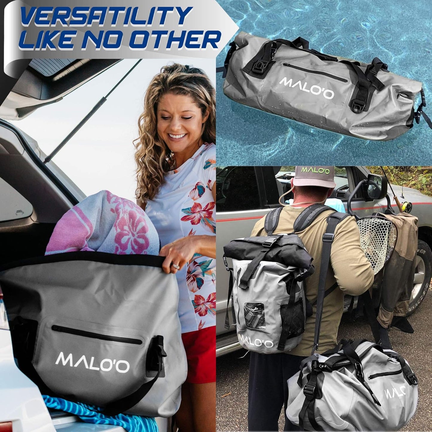 Malo’o Waterproof Dry Duffel, Heavy-Duty Roll Top Waterproof Gear Bag with Shoulder Strap & Molle Loops, Marine Duffel for Kayaking, Boating, Camping, Beach & Travel, Grey, 100L