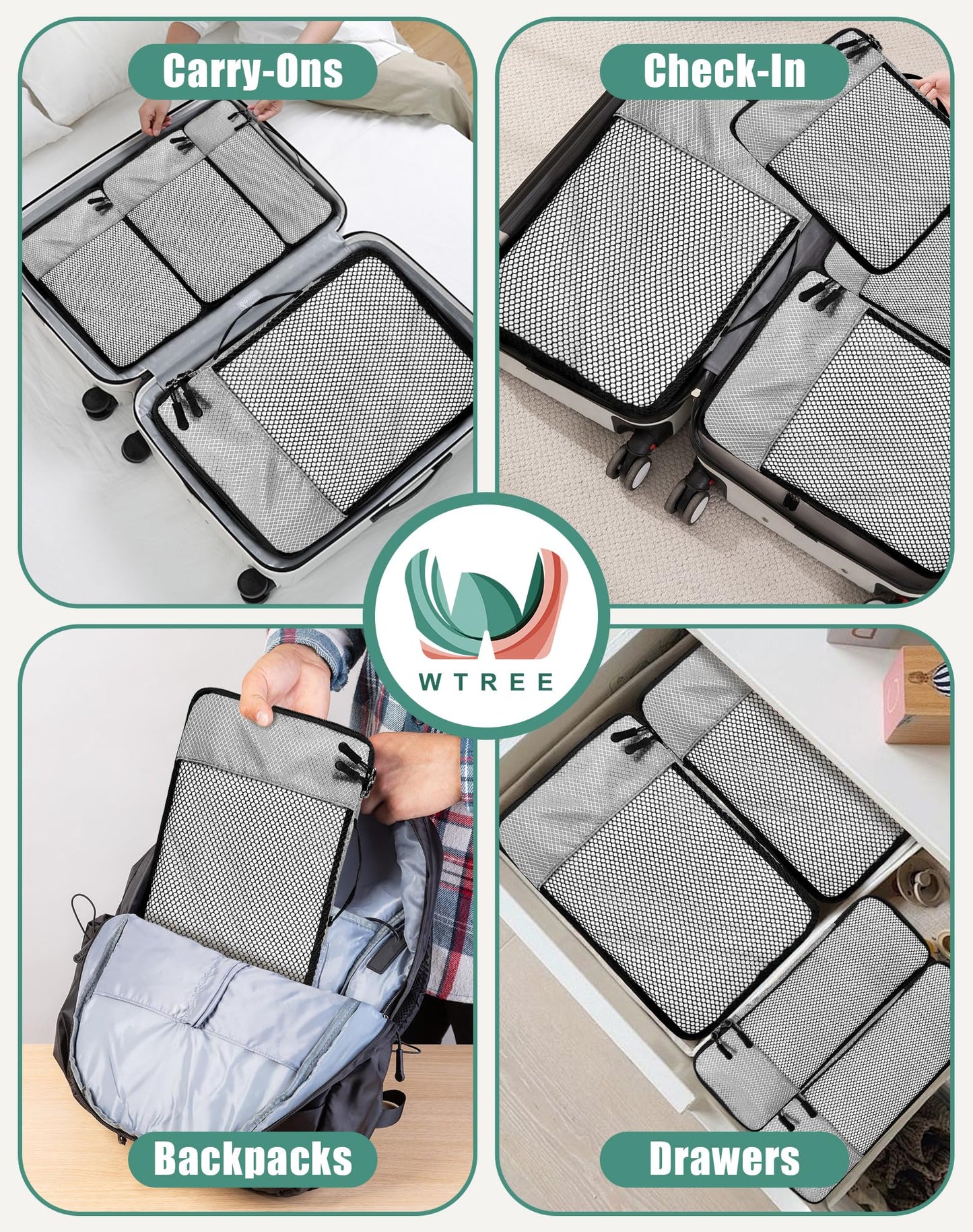 WTREE 4-Piece Packing Cubes Travel Accessories Set for Suitcases - Luggage Organizer Bags with