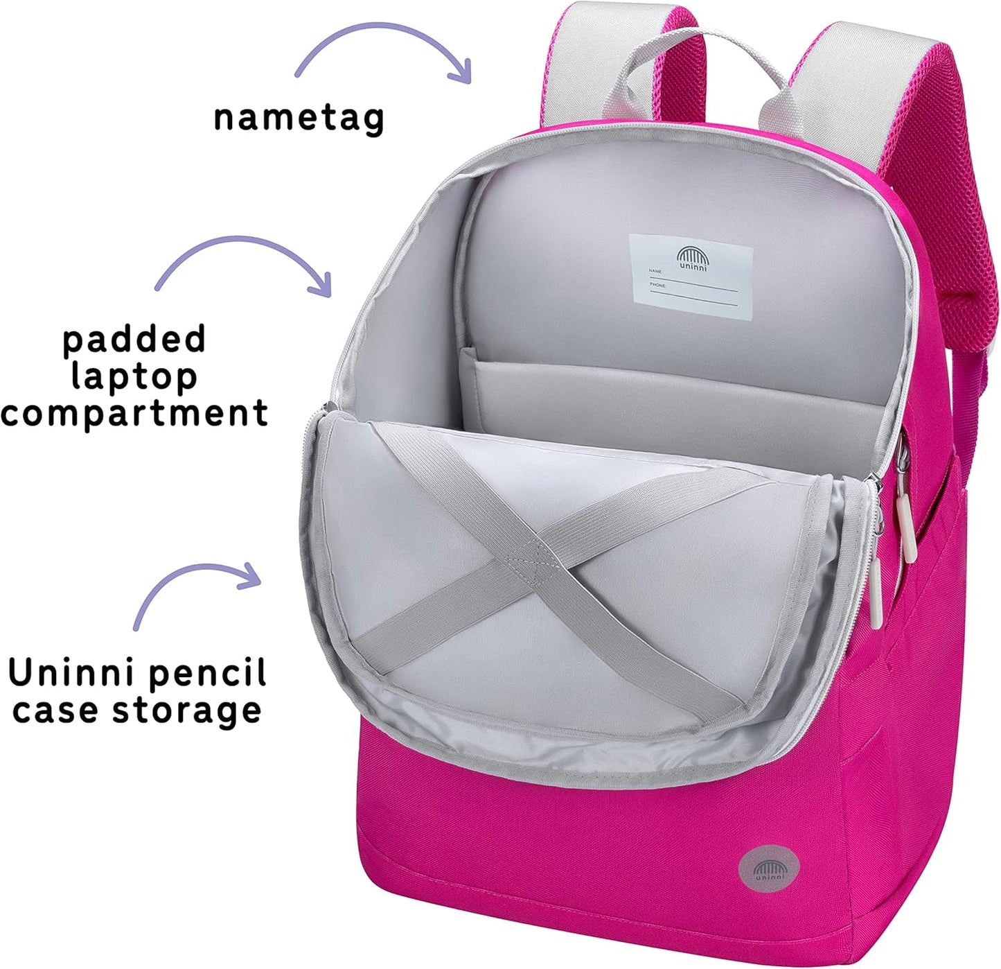 uninni 16" Kid's Backpack for Girls and Boys Age 6+ with Padded, and Adjustable Shoulder Straps. Fits for Height 3'9" Above Kids (Color Block Fuchsia/Green)