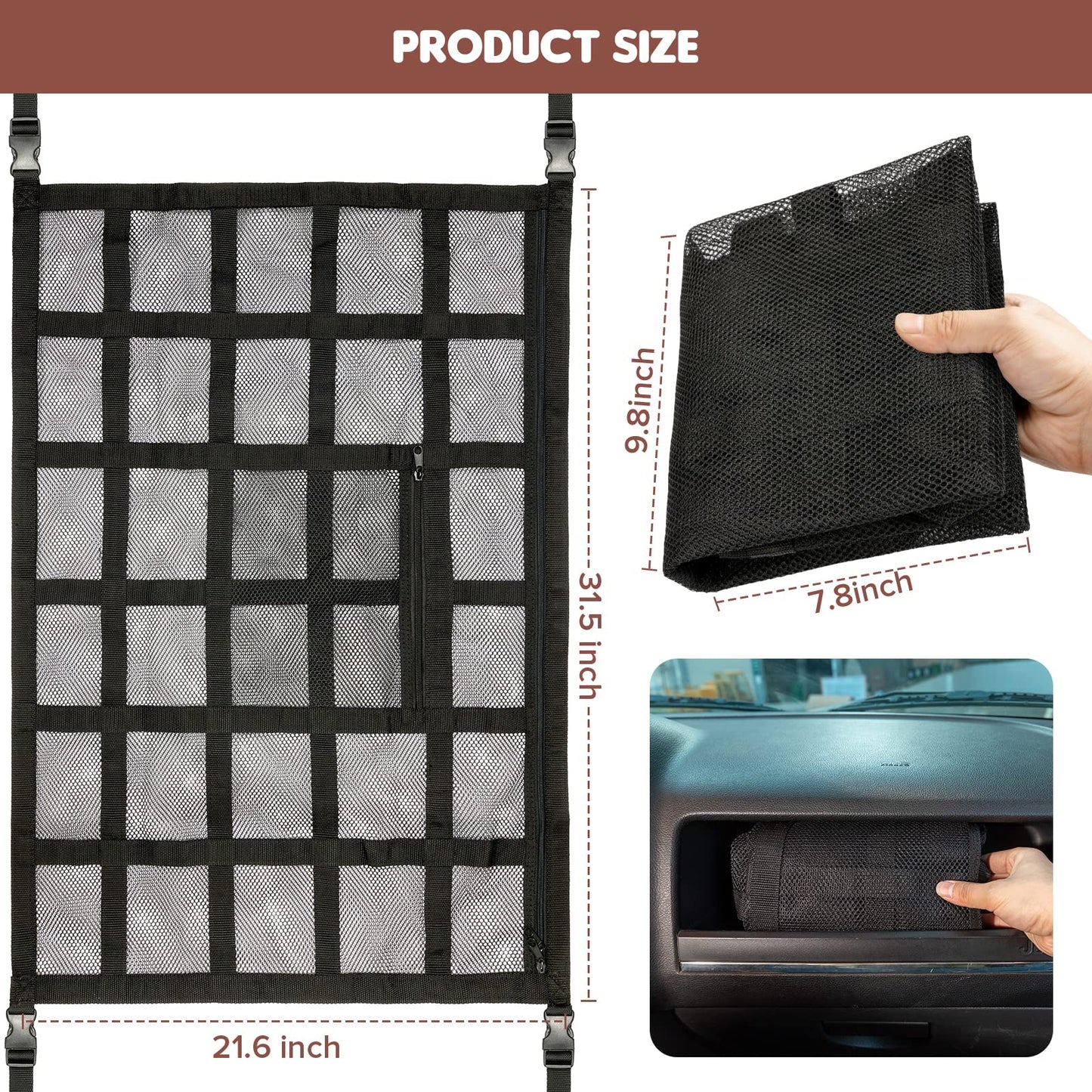 Kaskawise Upgrade Car Ceiling Cargo Net Pocket,31.5"x21.6" Double-Layer Roof Storage