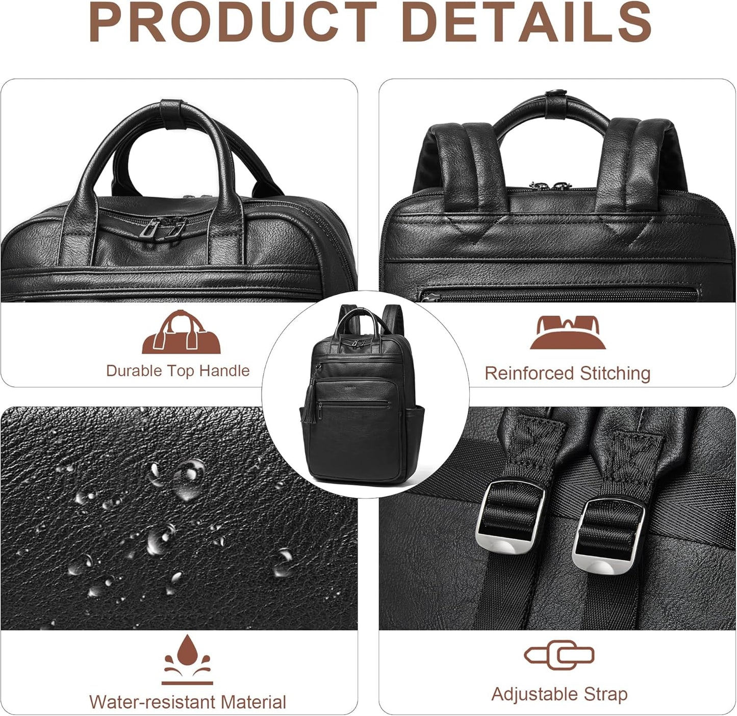 Shrrie Laptop Backpack for Women 15.6 inch Travel Leather Backpack Purse Work Computer Backpacks for Business College Black