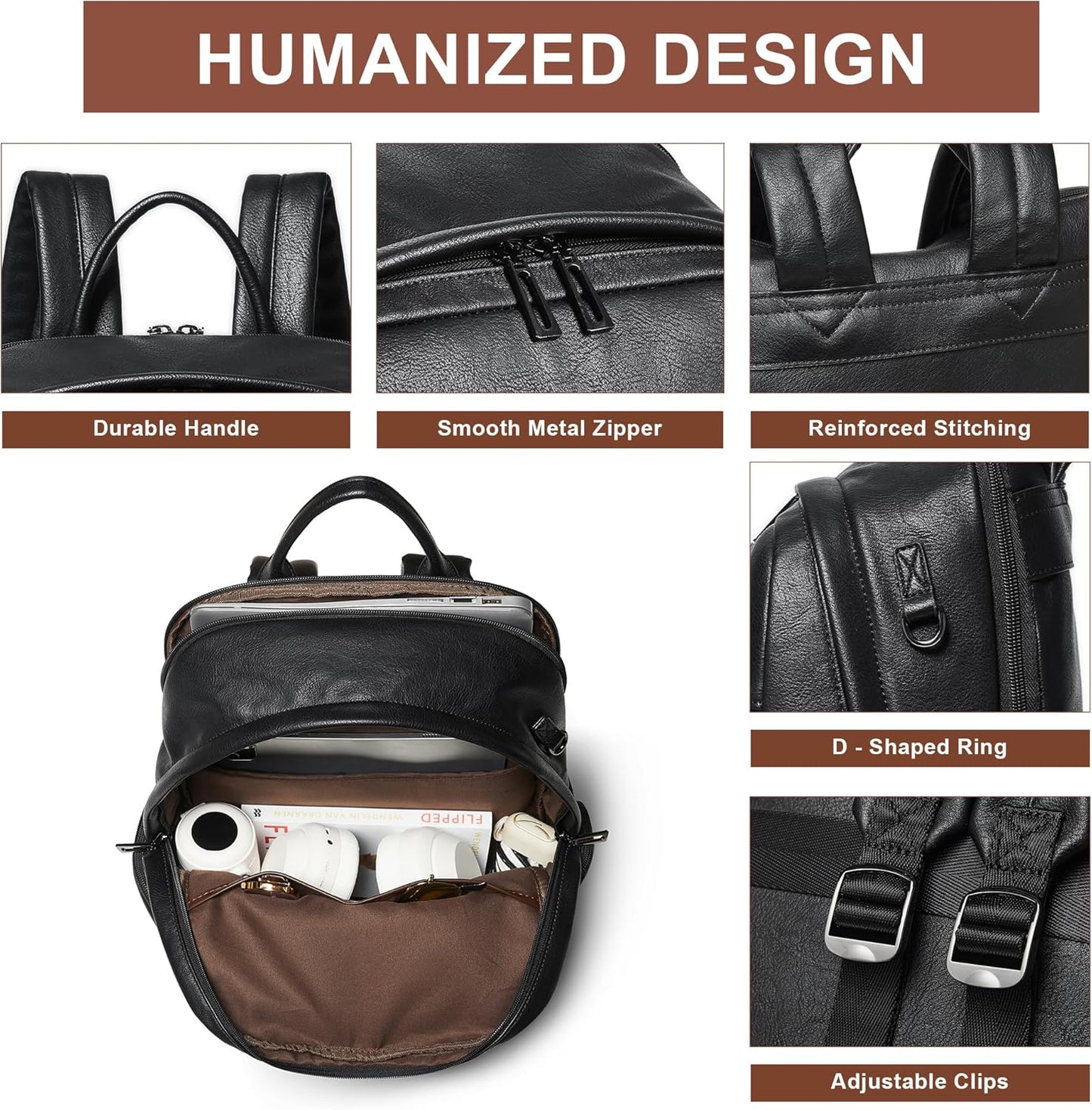 Computer Backpack for Women Soft Leather Back pack with 15.6 inch Laptop Compartment, Designer Ladies Travel Backpack, Black