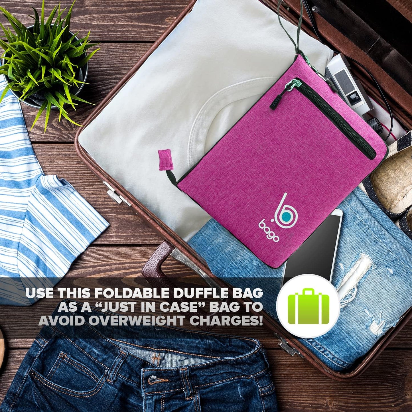 Bago Foldable Duffel Bags for Traveling Women & Men - 60L Medium Packable Duffle Bag for Travel with Shoe Compartment - Water Repellant, Heavy Duty, Lightweight Folding & Collapsible (SnowPink)