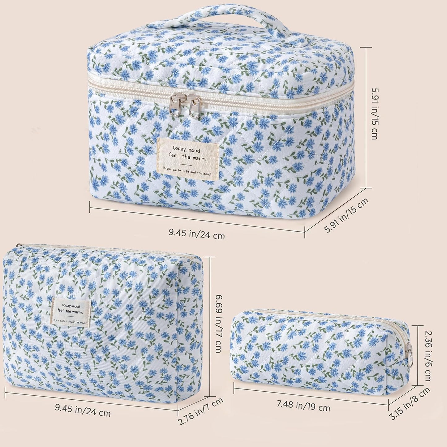 HBselect Quilted Makeup Bag, 3PCS Cotton Large Travel Makeup Bag, Cute Floral Coquette Make up Bag Cosmetic Bag Toiletry Bag for Women Girls