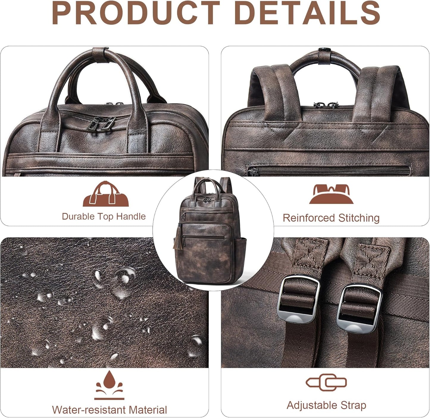 Shrrie Laptop Backpack for Women 15.6 inch Travel Leather Backpack Purse Work Computer Backpacks for Business College Coffee