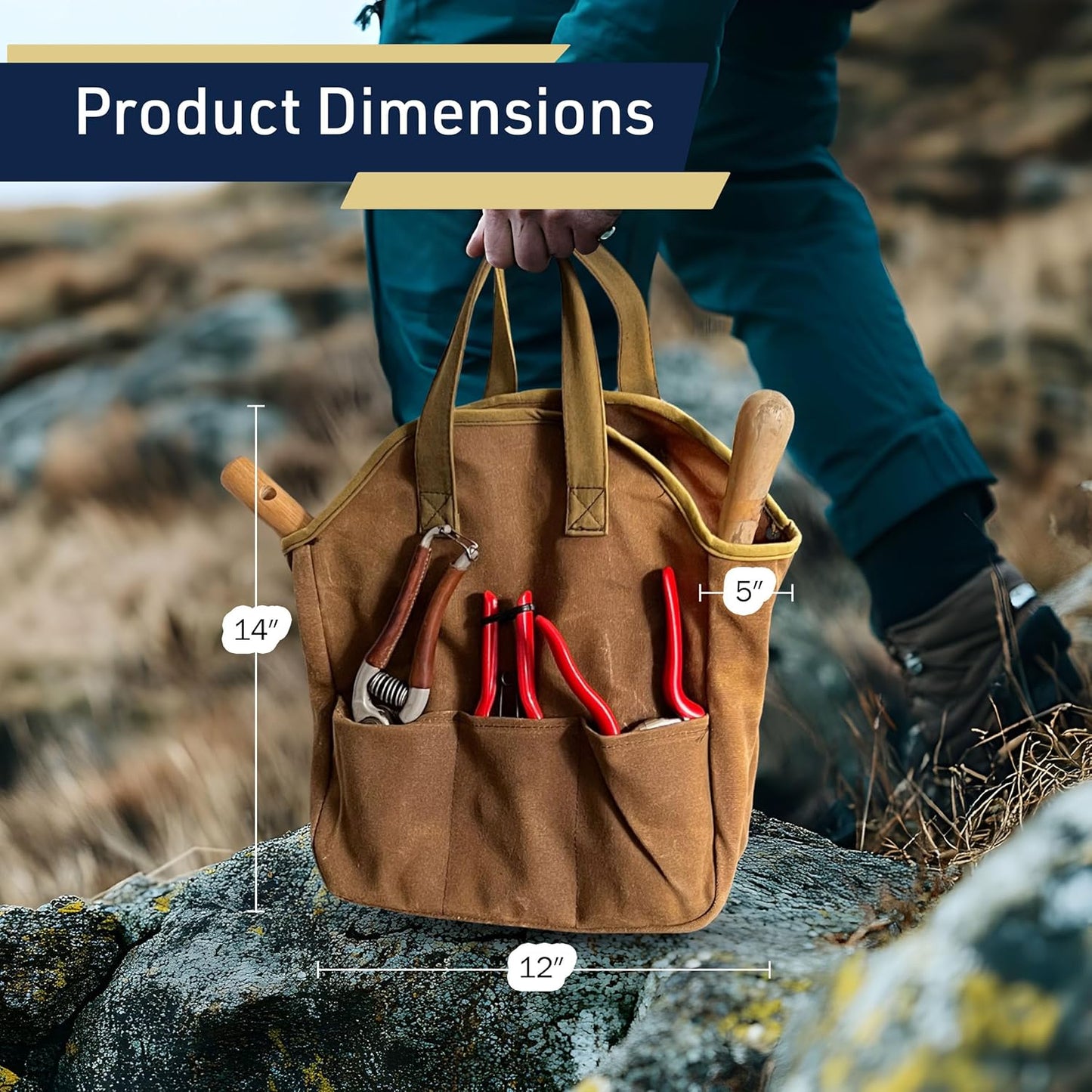 Garden Tool Bag - 12x14” Heavy Duty Waxed Canvas Tote Bag Caddy with 6 Interior and 3 Exterior Pockets for Organizing Gardening Tools - Gardening Gifts for Women and Men by Kings County Tools