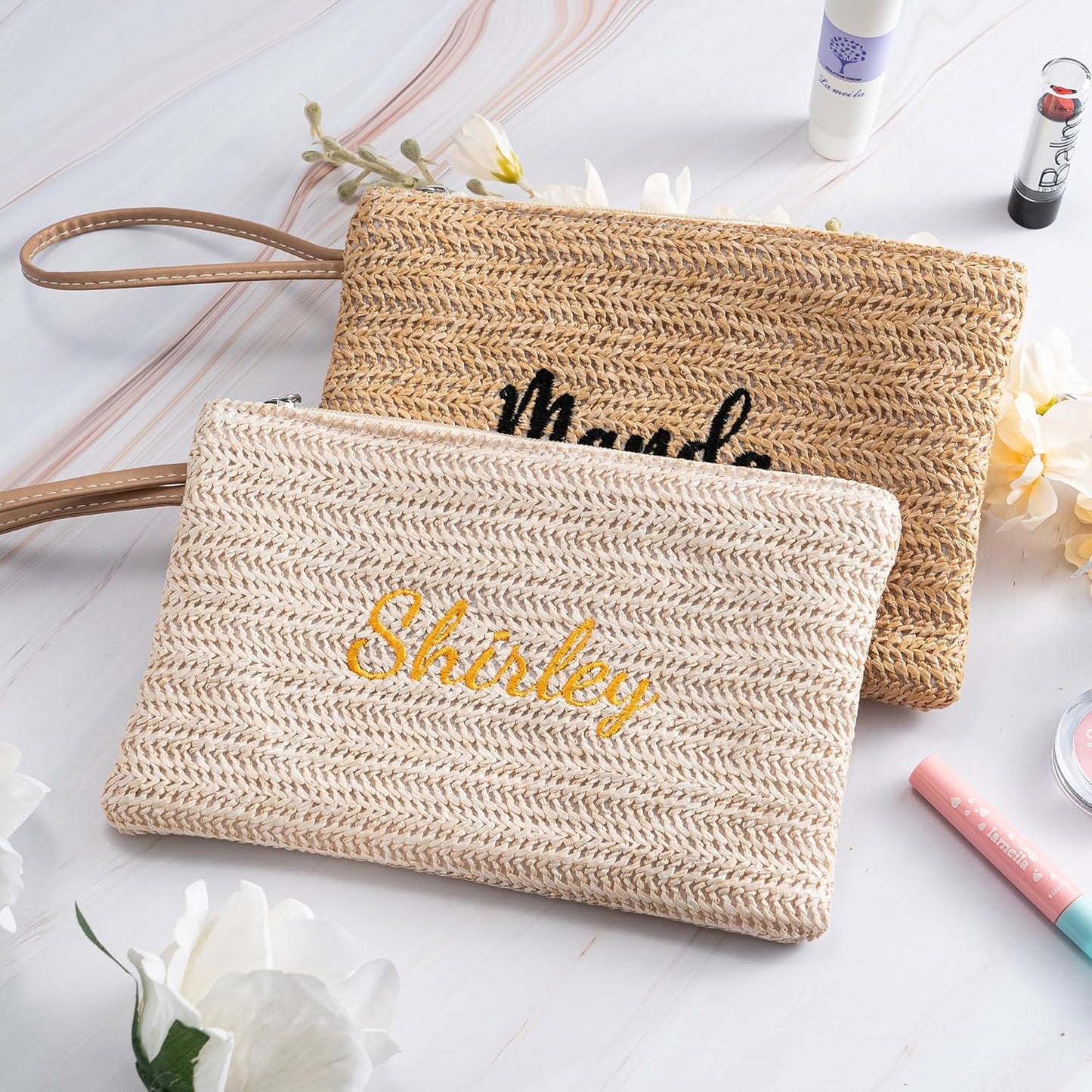 Personalised Straw Clutch Purse, Personalised Embroidered Cosmetic Bag, Handwoven Straw Cosmetic Bag with Leather Trim, Bridesmaid Gift