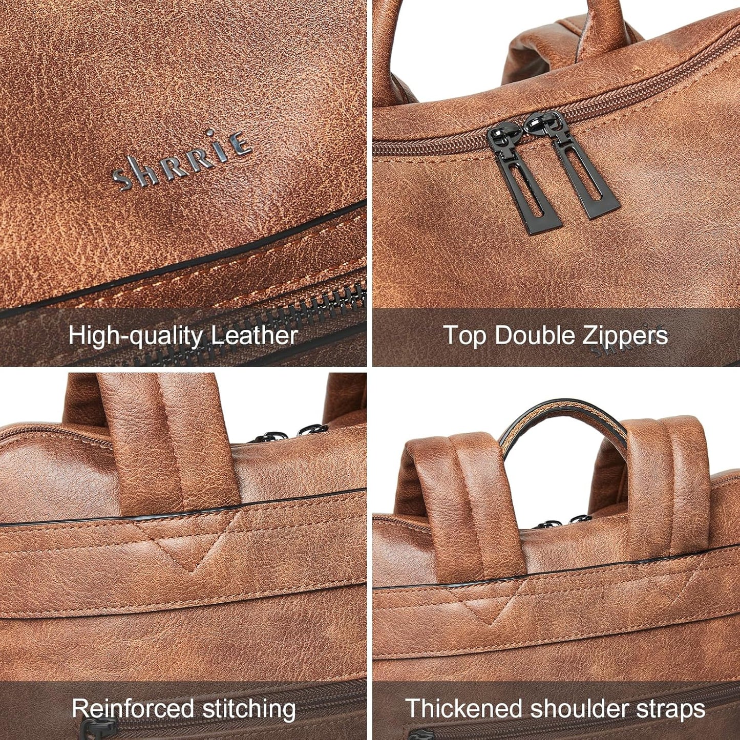 Shrrie 15.6 inch Laptop Backpack for Women,Large Leather Purse,Travel Backpacks Carry on,Water Resistant Casual Laptop Backpacks,College Backpack,Work Backpack for Women,Two-tone Camel Brown
