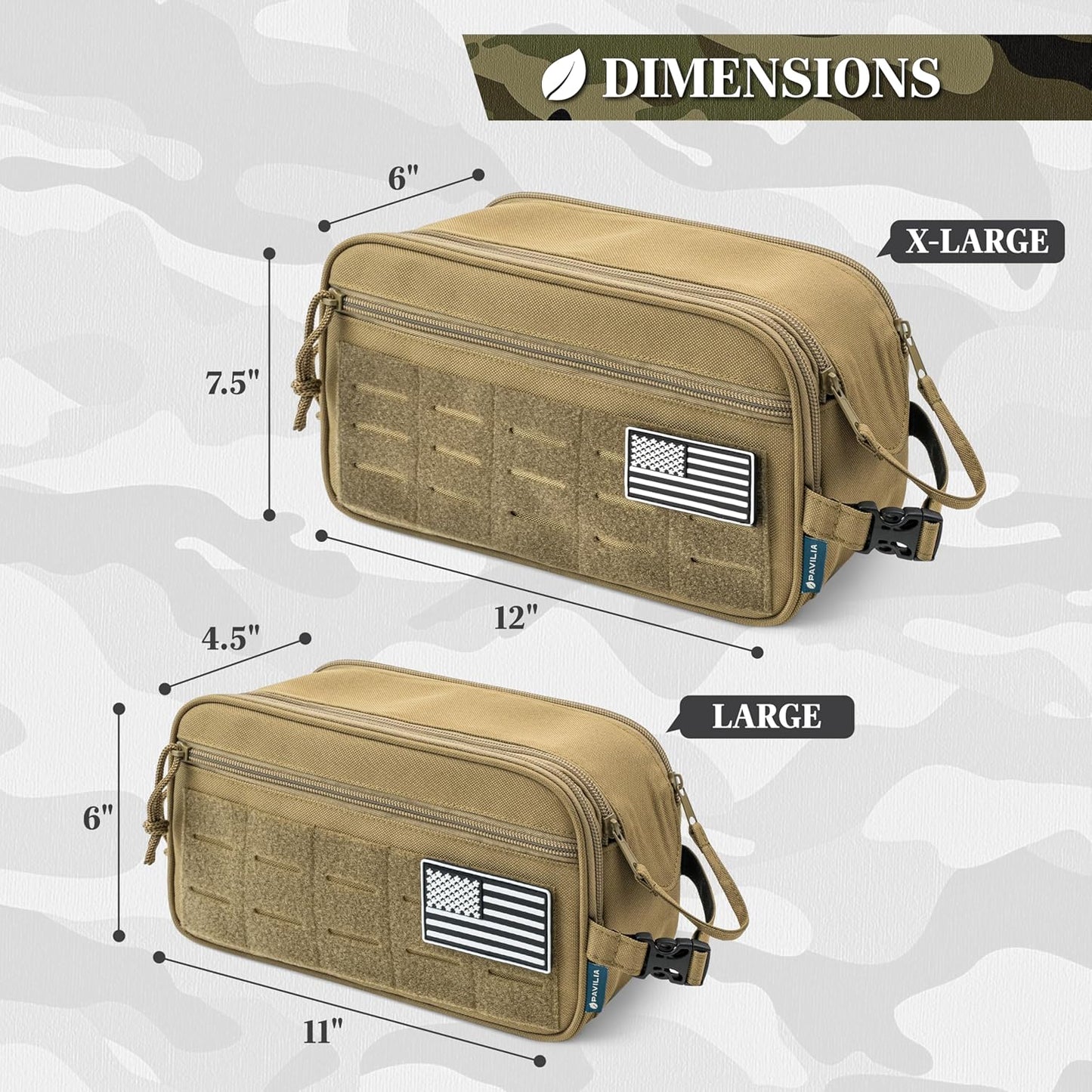 PAVILIA Extra Large Tactical Toiletry Bag for Men, Travel Hygiene Bag, Military Gear Dopp Kit, Molle Accessories Pouch, Shaving Grooming Essentials Gym Bathroom Shower Toiletries Tool EDC, Tan XL
